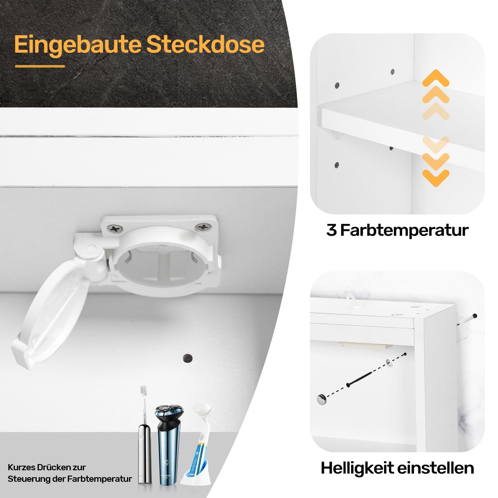 Luxstein Spiegelschrank Bad mit Beleuchtung und Steckdose, Verstellbares Regal, Entfogging-Funktion, Wandmontage – Bild 5 von 5