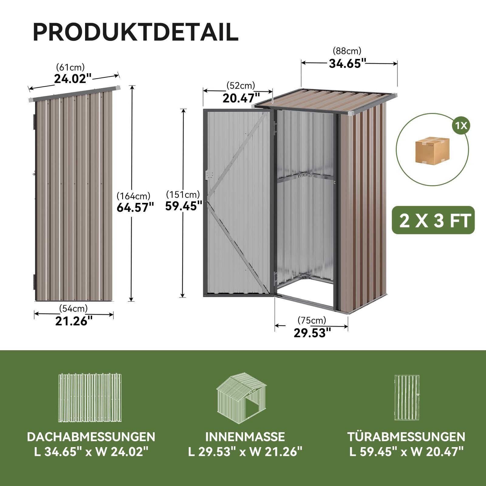 AOXUN Gerätehaus 0,88 m² mit abschließbarer Tür und Pultdach, 88 x 61 x 164 cm, BxT: 88x61 cm, (1 St), Geräteschuppen für Hinterhof, Terrasse und Rasen