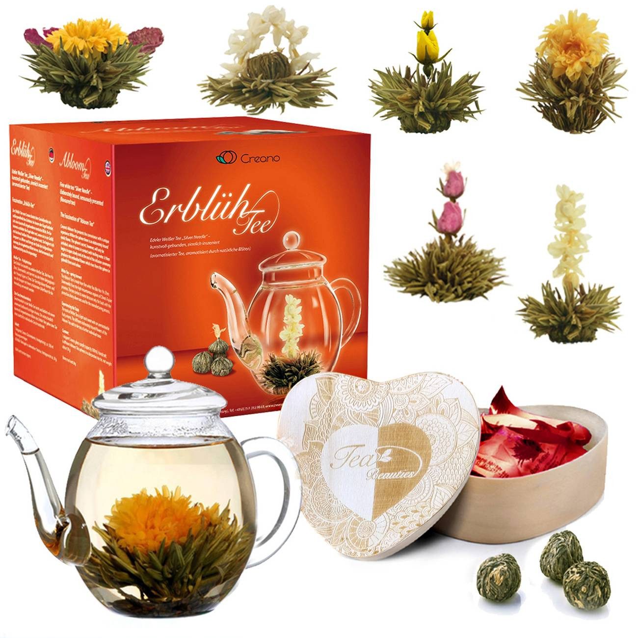 Creano Tee 6er Set ErblühTee Weißtee in Herz-Holzbox + 500ml Teekanne, 1 x 6 St.
