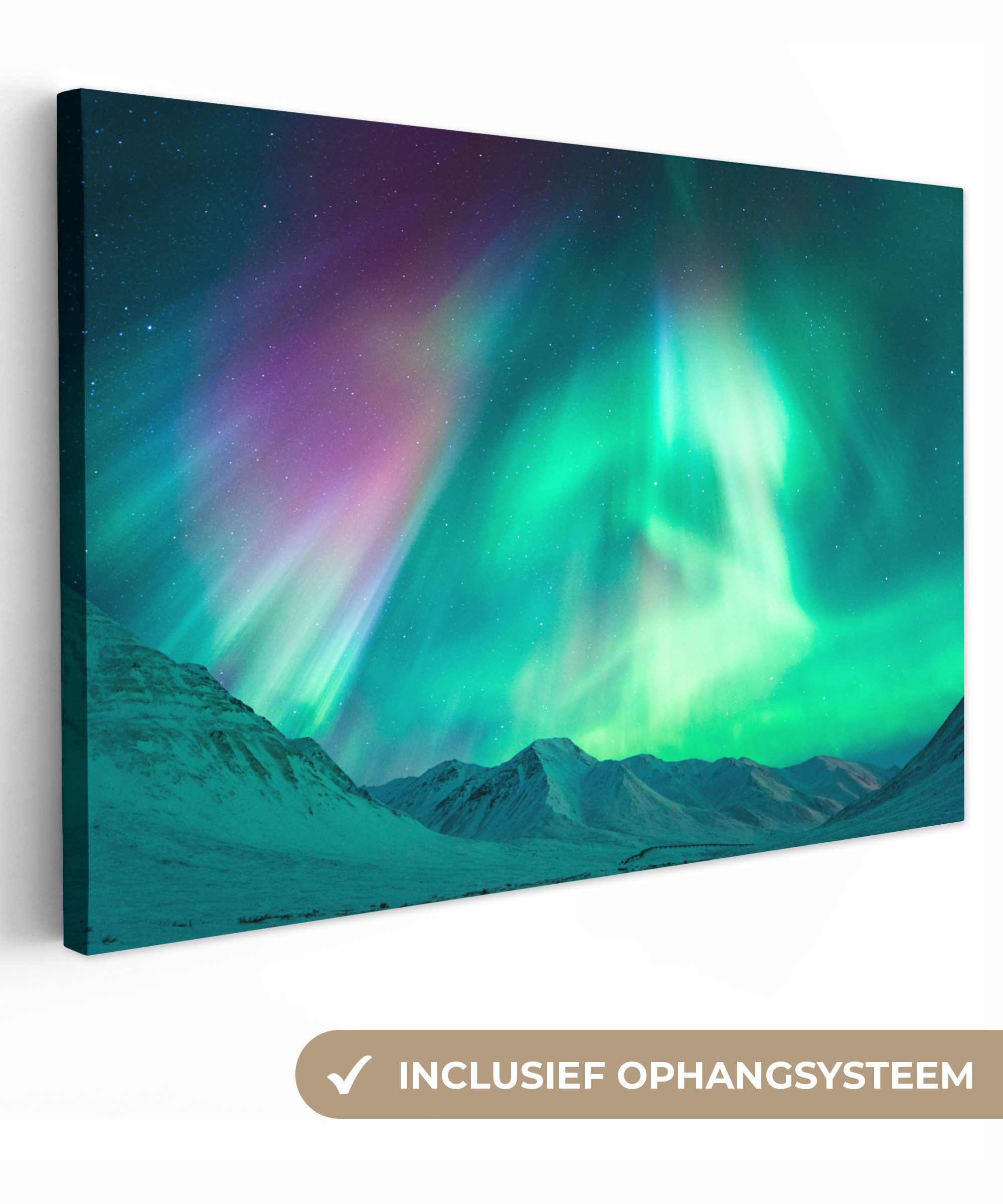 OneMillionCanvasses® Leinwandbild Nordlichter - Berg - Nacht, Fotodruck (1 St), Leinwand Bilder Klein, Wand Dekoration Aesthetic 30x20 cm