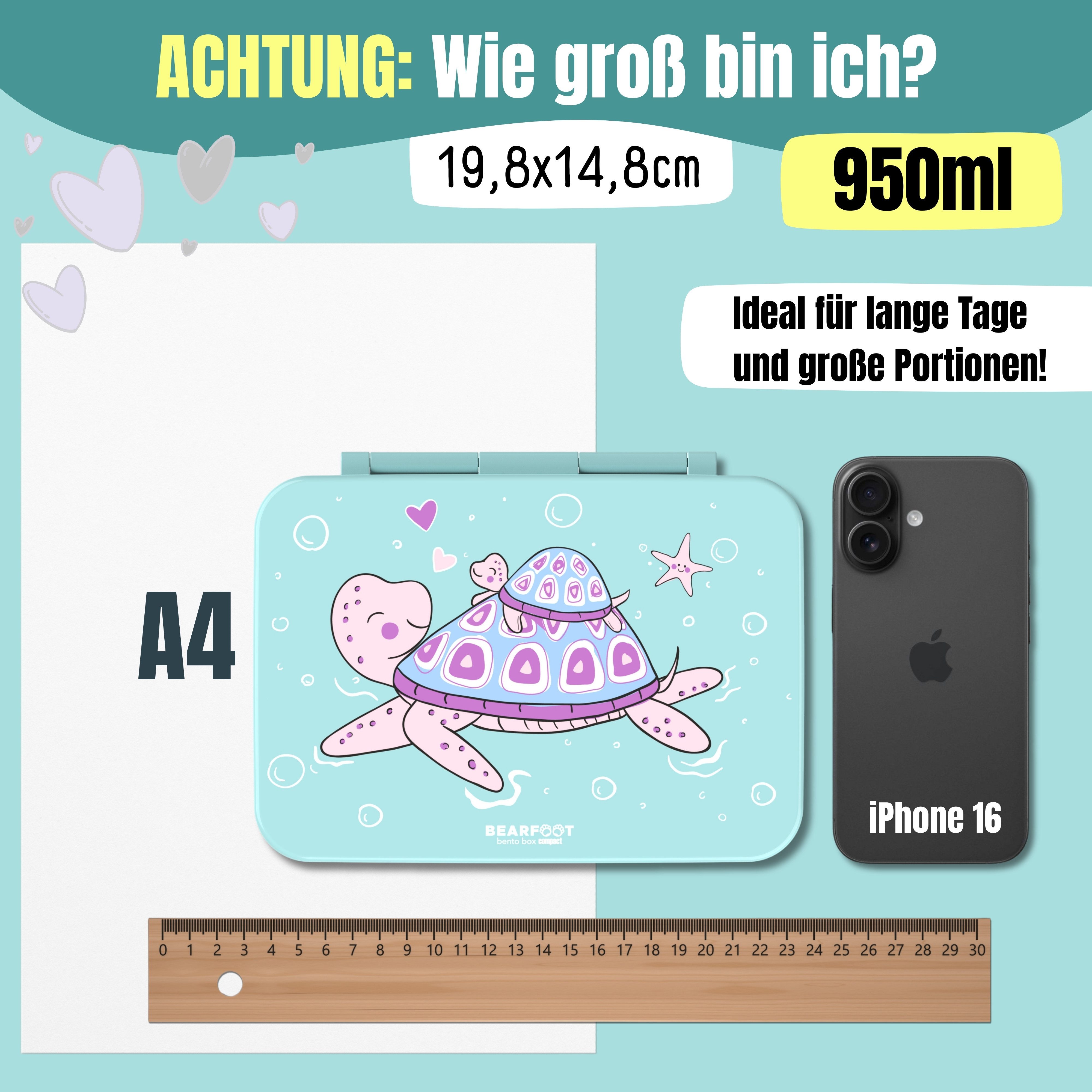 BEARFOOT Lunchbox Brotdose mit Fächern, leicht & auslaufsicher - Schildkröte, PP, ABS, Silikon, Kindergarten und Schule - Mädchen und Jungen, Vesperbox, Snackbox