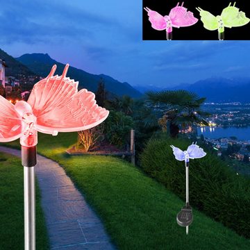 etc-shop LED Solarleuchte, LED-Leuchtmittel fest verbaut, Farbwechsel, 12er Set RGB LED Solar Beleuchtung Schmetterling Erdspieß