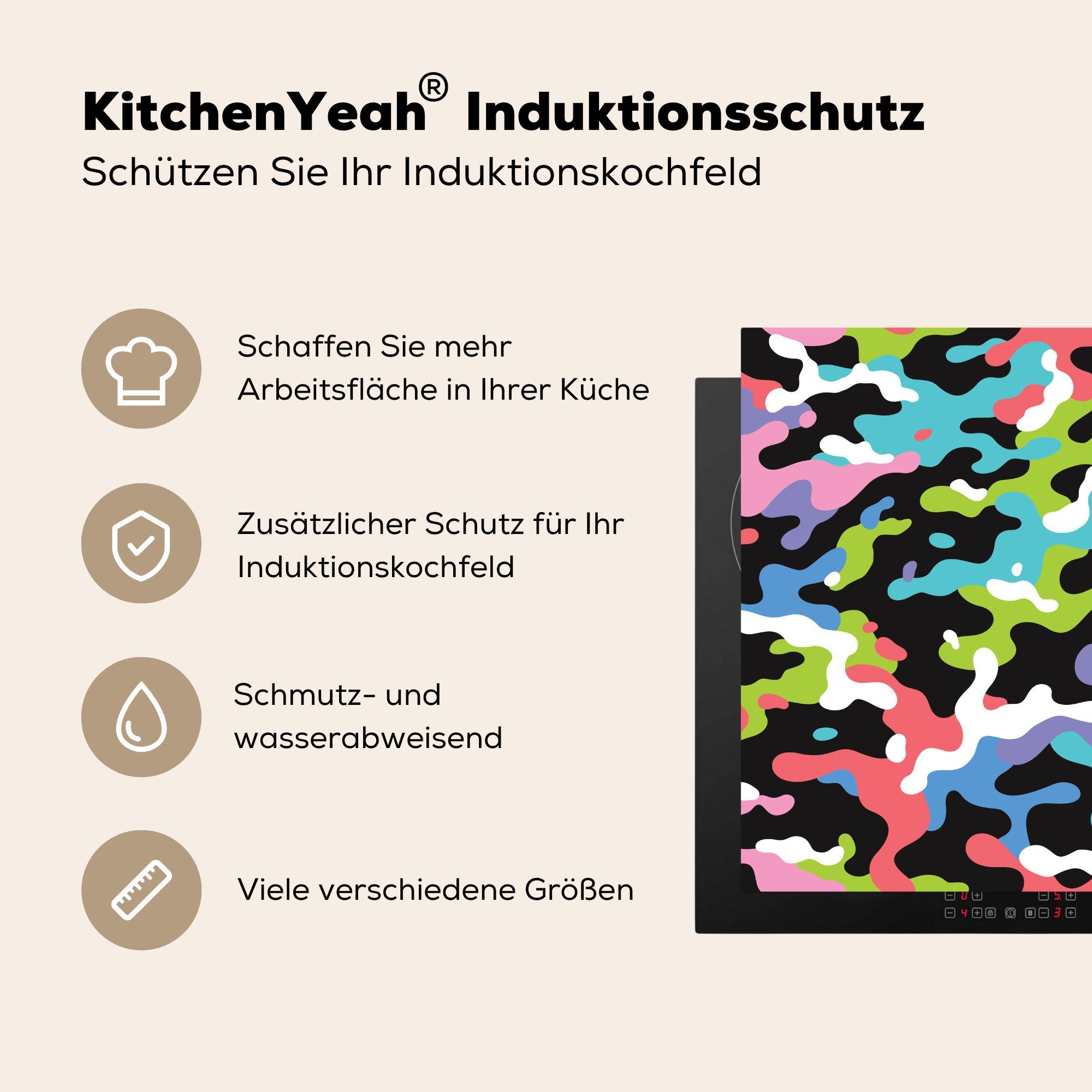 MuchoWow Herdblende-/Abdeckplatte Buntes tlg), Ceranfeldabdeckung, 78x78 Vinyl, (1 Arbeitsplatte cm, für küche Camouflage-Muster