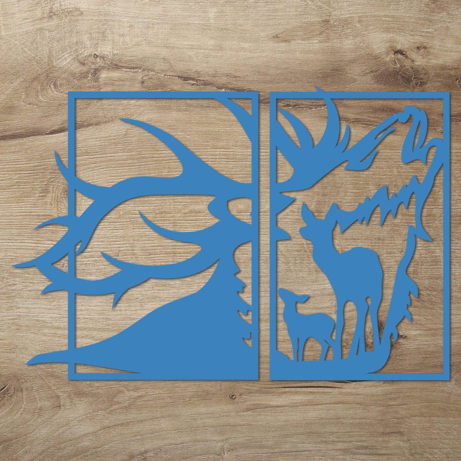 Farben mit 2-teilig), Holz in St., Wandtattoo Wanddekoobjekt Hellblau Hirsch Holz Namofactur mit aus (2 erhältlich Rahmen, im Deko verschieden Reh Reh Hirschkopf XXL