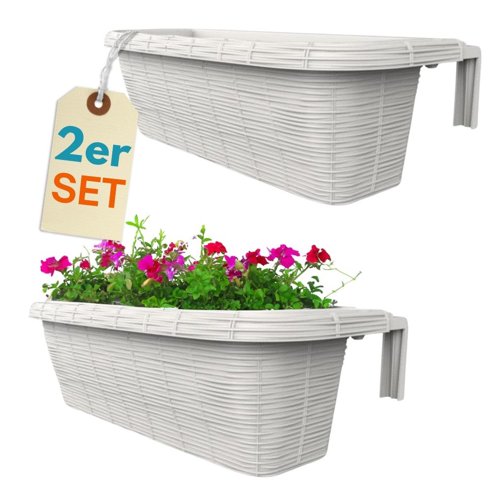 GarPet Balkonkasten 2er Set Blumen Kasten Balkon Geländer Wasserspeicher Rattan Weiß 60 cm