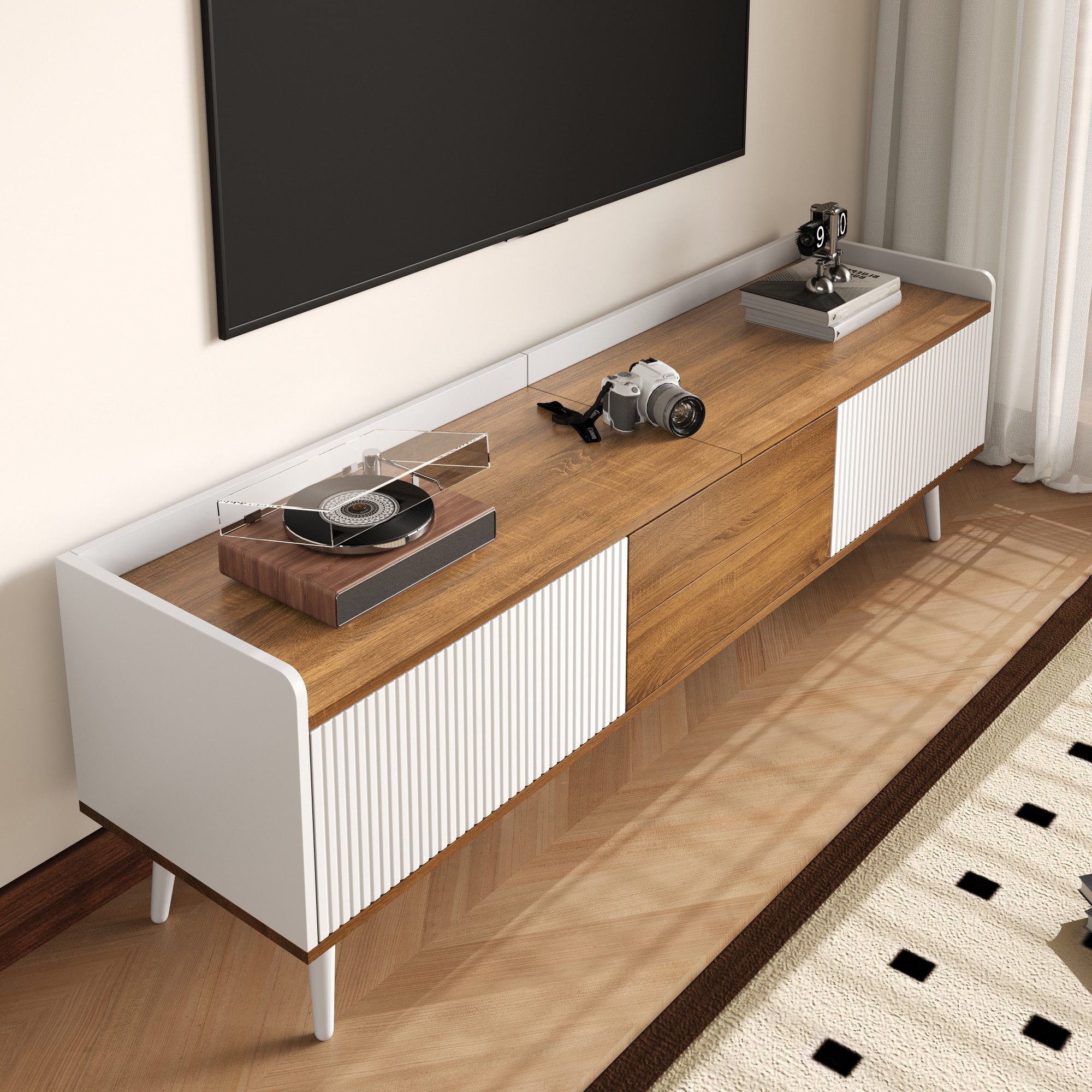 Odikalo TV-Schrank TV Ständer TV Bank Lowboard Fernsehschrank TV Tisch Natur+Weiß/Schwarz 160 L x 39 W x 49,5 H