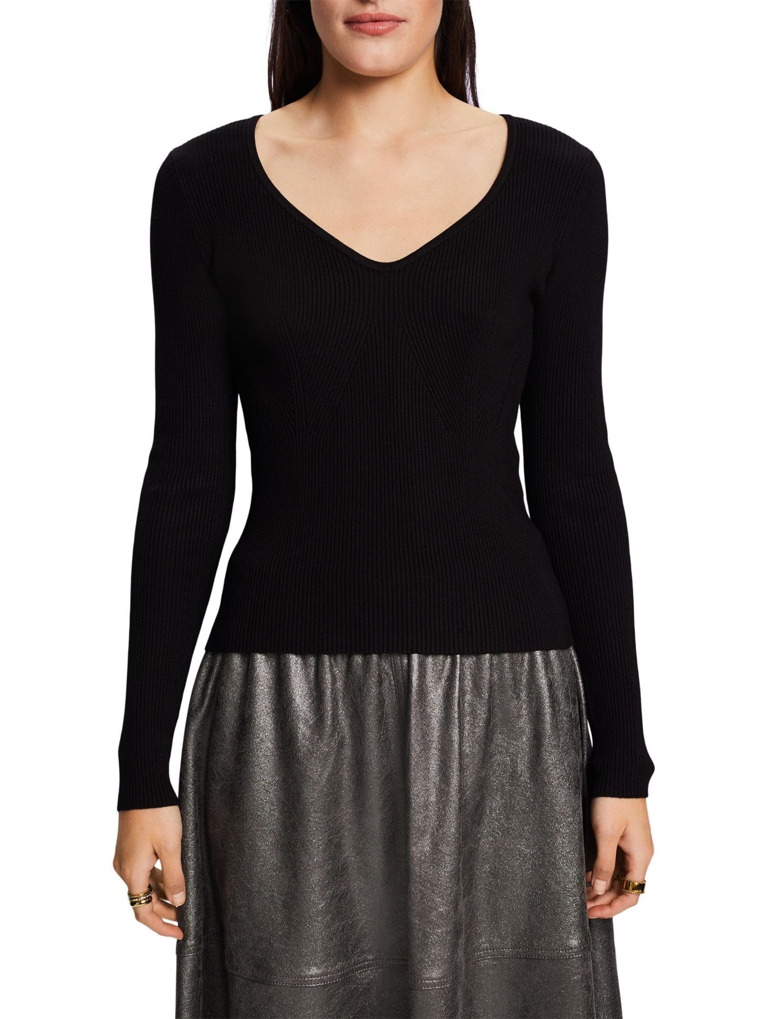 Esprit Collection V-Ausschnitt-Pullover Rippstrick-Pullover mit BLACK V-Ausschnitt