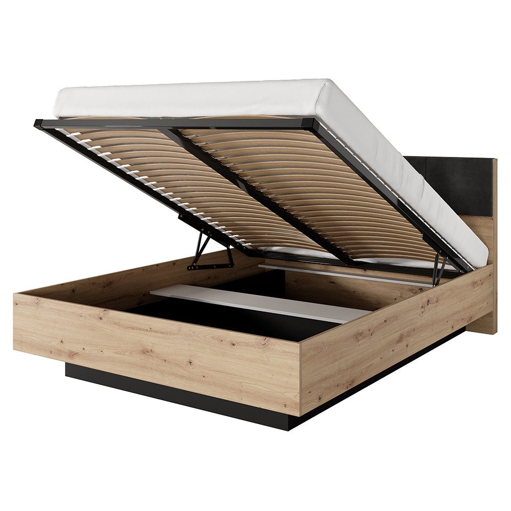 Lomadox Schlafzimmer-Set TALCA-167, (Spar-Set, 4-tlg., Bettgestell Lattenrost aufklappbar Nachtkommoden Beleuchtung Kommode), Eiche Dekor 160x200 cm Kopfteil gepolstert Lattenrost LED Beleuchtung