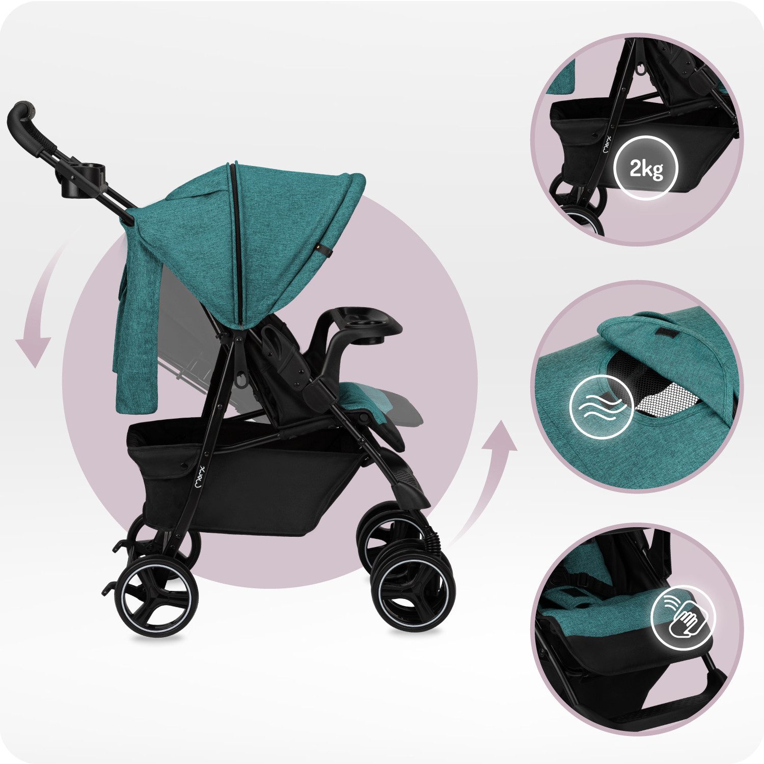MoMi Kinder-Buggy Isla, Rotierendes Kindertablett, Organizer und Zubehör inklusive