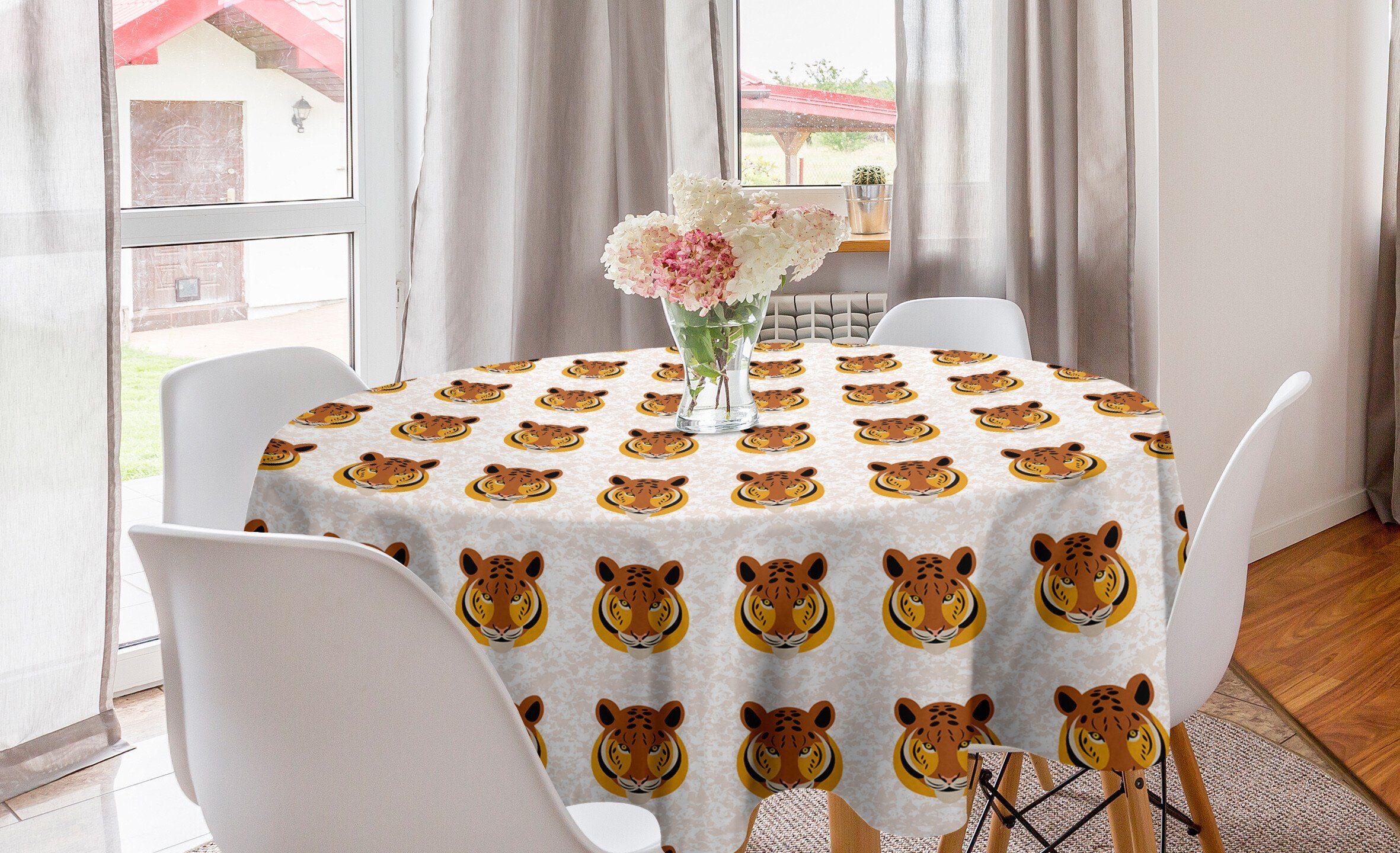 Abakuhaus Tischdecke Kreis Tischdecke Abdeckung für Esszimmer Küche Dekoration, Afrikanisches Tier Cartoon-Tiger-Gesichter