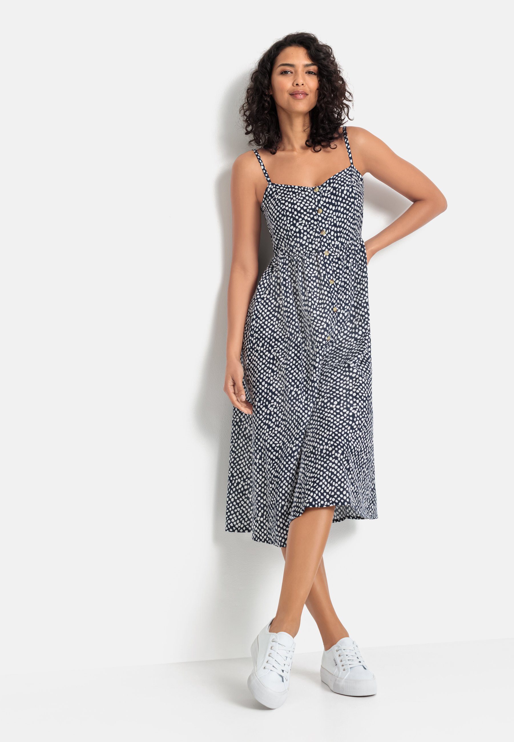 LASCANA Sommerkleid aus Leinenmix mit Zierknopfleiste mit Pünktchendruck Midikleid, Strandkleid, Webkleid, Leinenkleid