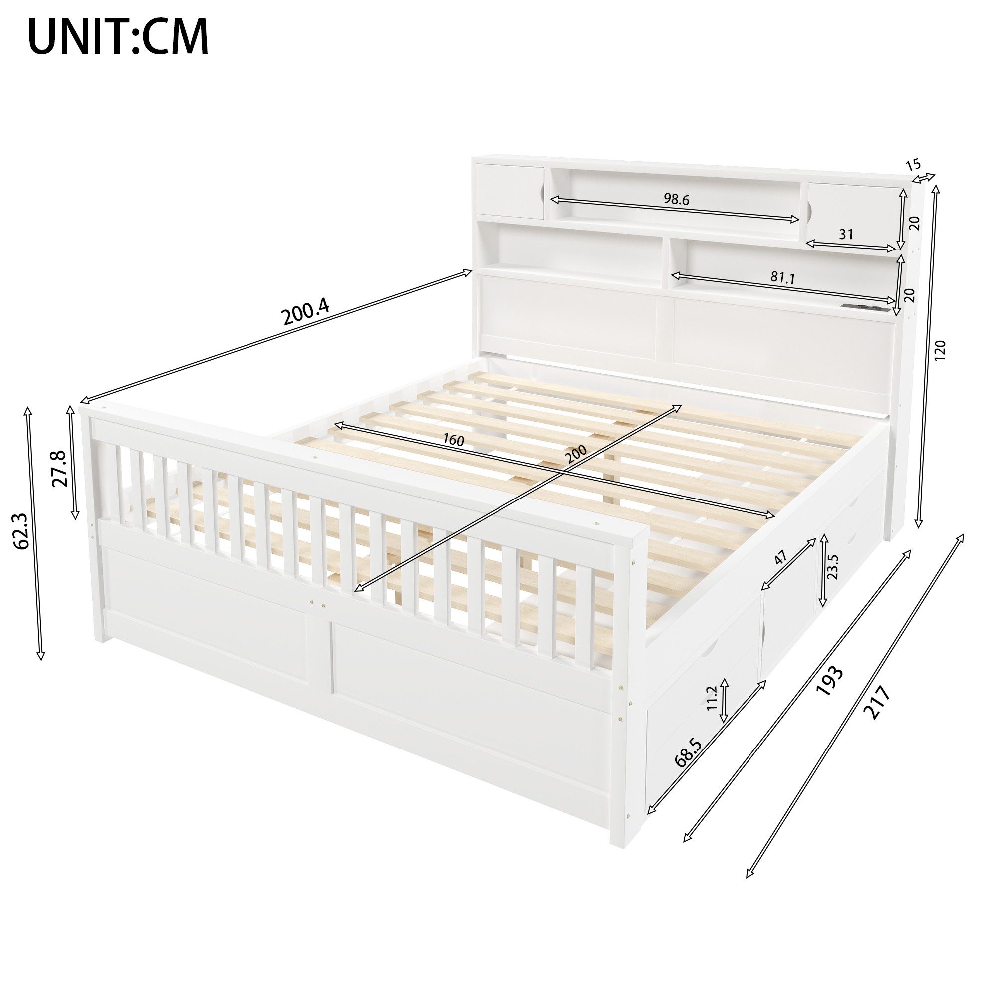 Merax Massivholzbett mit LED-Kopfteil & USB-Anschluss (Plattformbett Bettgestell Doppelbett aus Holz, 1-tlg), 160x200cm mit 4 Schubladen, Stauraumregalen, Büche – Bild 5 von 5