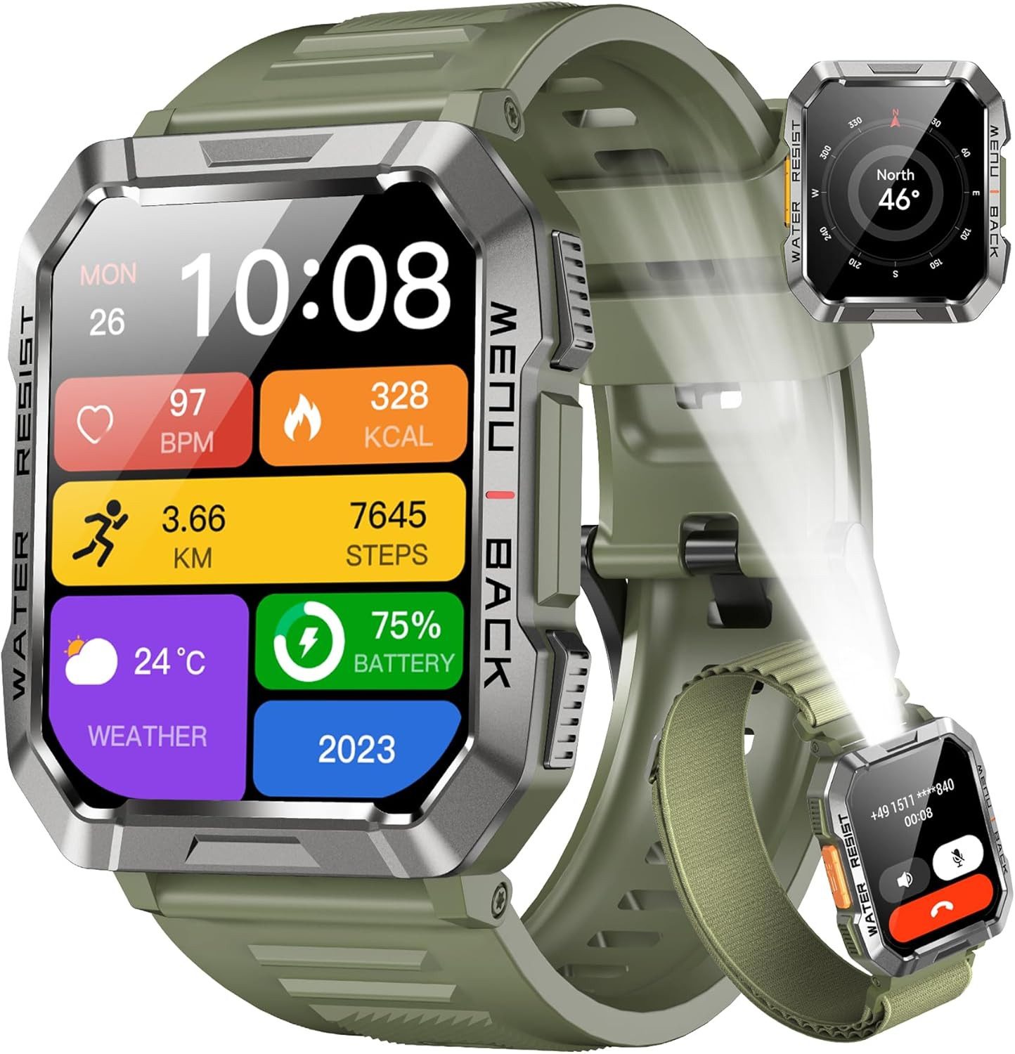 blackview W60-Army Green Smartwatch (5,1 cm, android ios), Herren Outdoor Smartwatch mit 2.01" Display, LED-Taschenlampe