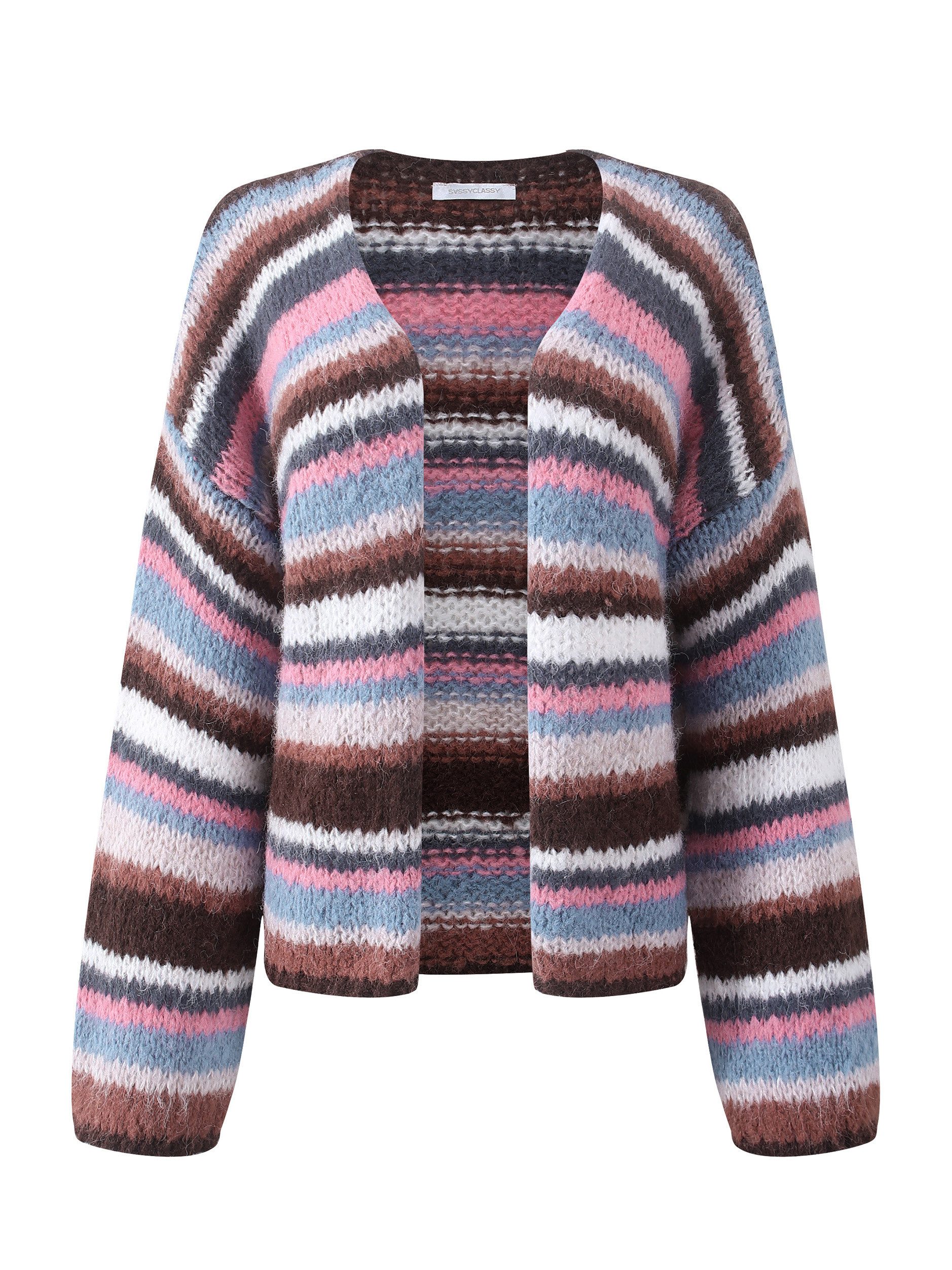 SASSYCLASSY Cardigan Gestreifte Strickjacke für Damen Mehrfarbig Multicolor Cardigan mit Streifen Bunt Blau Rosa Grau Braun Orange
