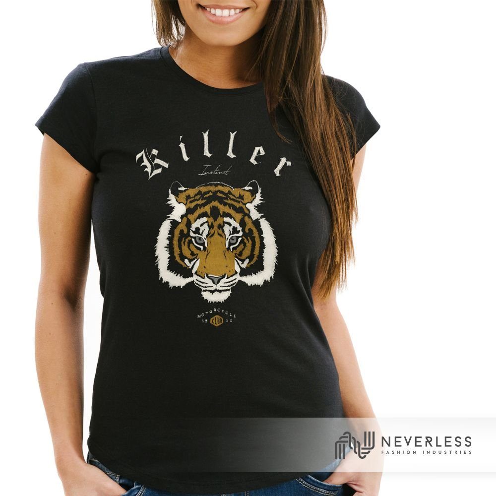 Slim Print Killer Neverless mit Vintage Print-Shirt T-Shirt Neverless® Club Motorrad Biker Fit Tiger Damen