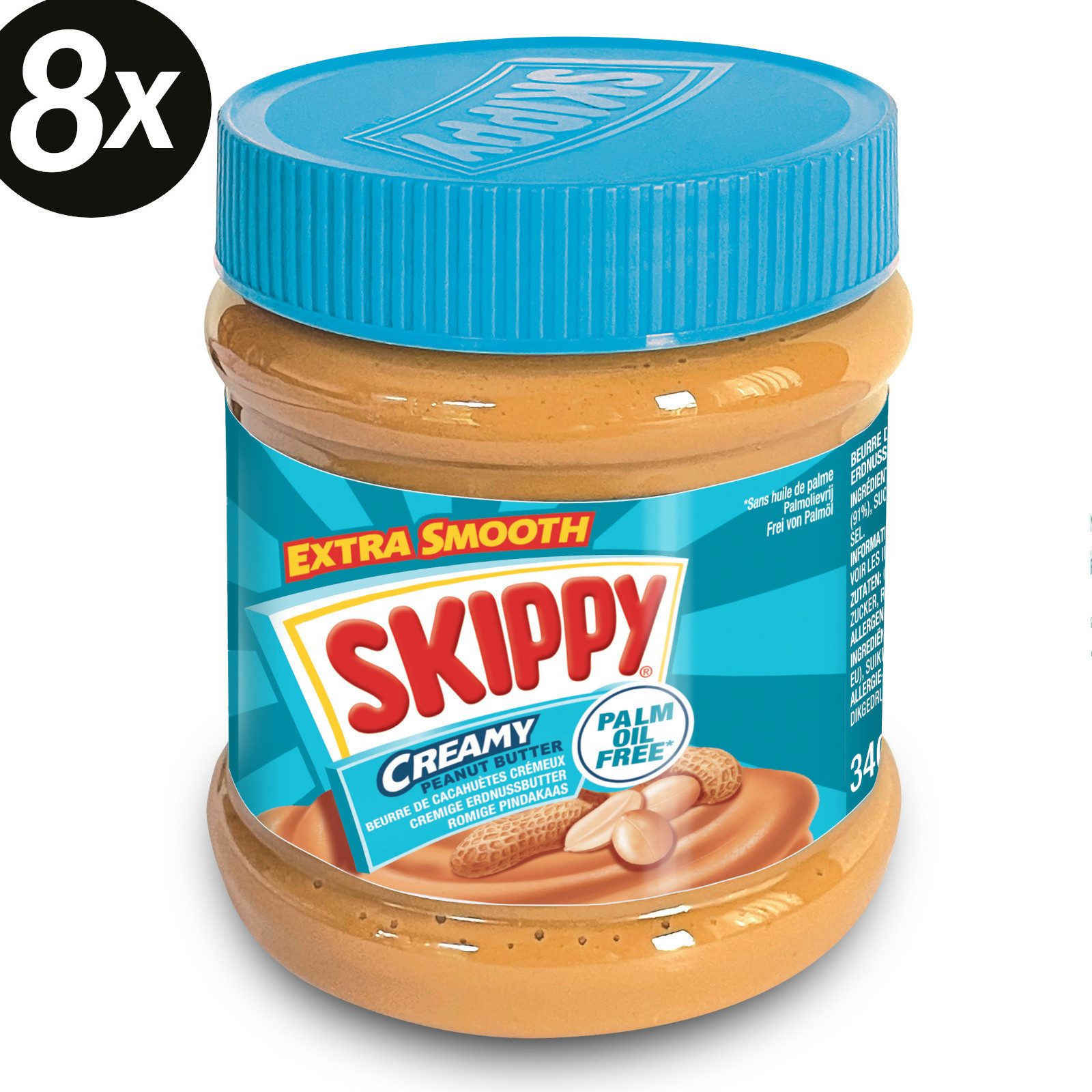 Skippy Nussaufstrich 8 x 340g Erdnussbutter "Creamy" Peanut Butter Extra Smooth, 8 x 340 g, (Packung), Ohne Farbstoffe, Ohne künstliche Aromen, Vegetarier