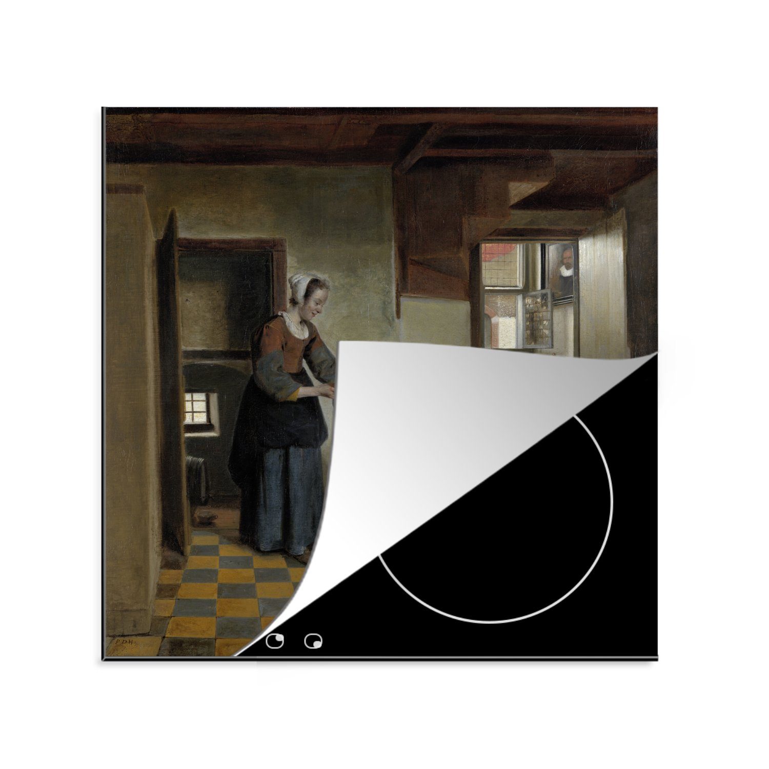 (1 einem MuchoWow de, von Gemälde für Kind Eine Herdblende-/Abdeckplatte tlg), cm, Pieter Frau 78x78 Ceranfeldabdeckung, einem Kellerraum mit - Arbeitsplatte in Vinyl, küche