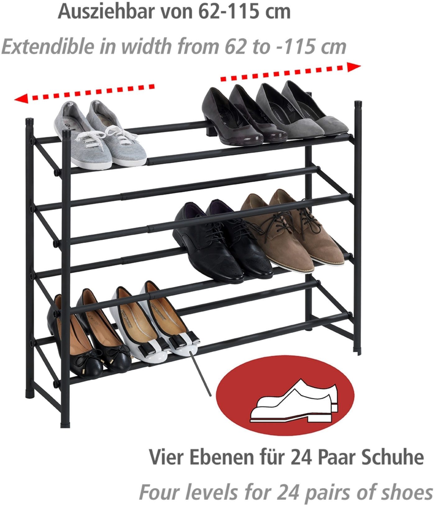 WENKO Schuhregal Modell Hero, ausziehbar, 62 bis 115 cm, für 24 Paar Schuhe, Anti-Rutsch Oberfläche