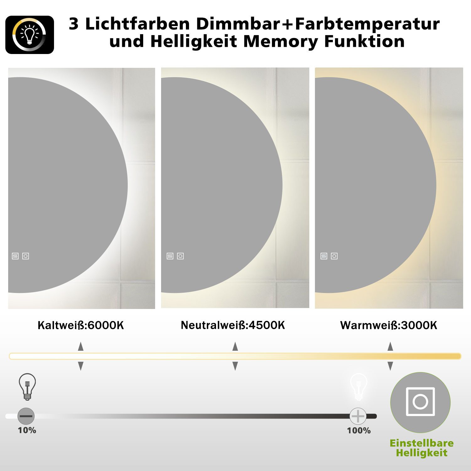 Aica Sanitär Badspiegel Rund mit LED Beleuchtung Wandspiegel ohne Rahmen – Bild 5 von 5