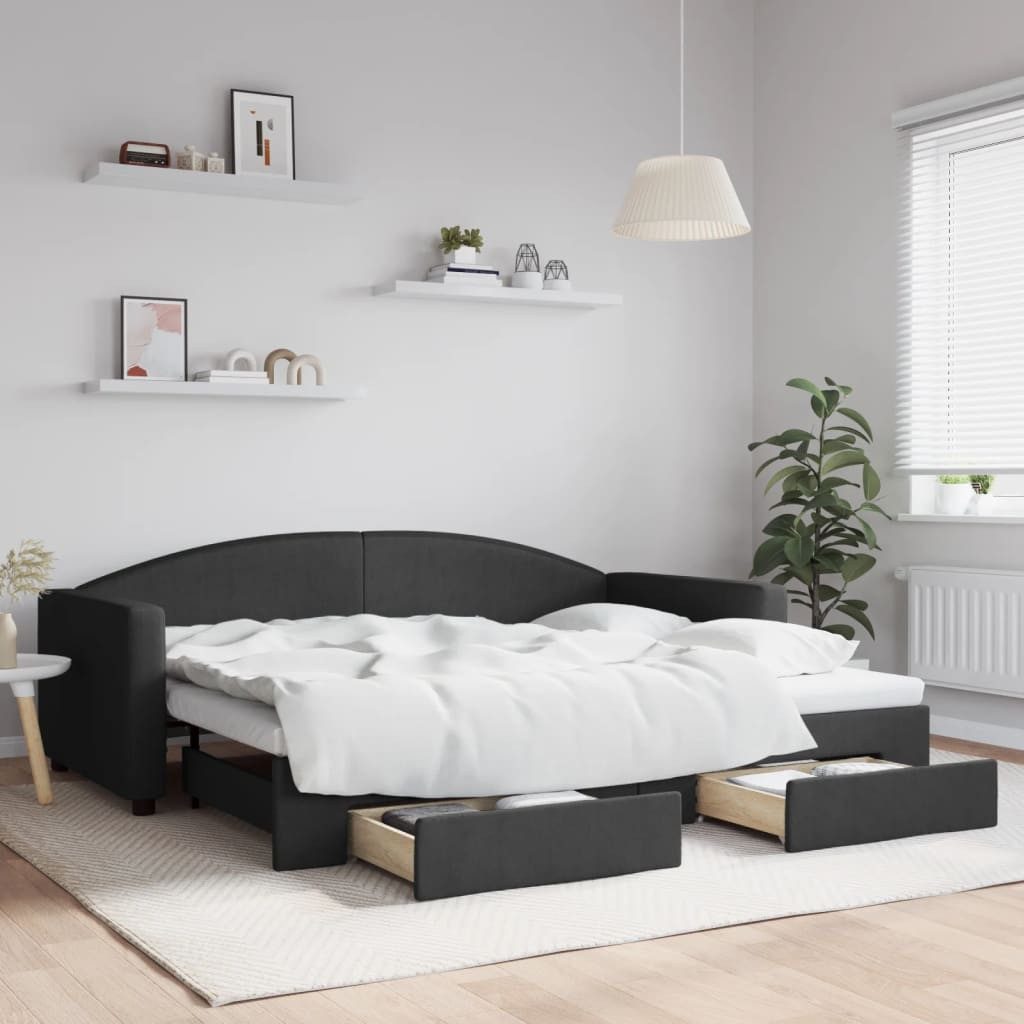 vidaXL Gästebett 90 x 200 cm Gästebett Tagesbett Ausziehbar mit Schubladen Schwarz 90x2