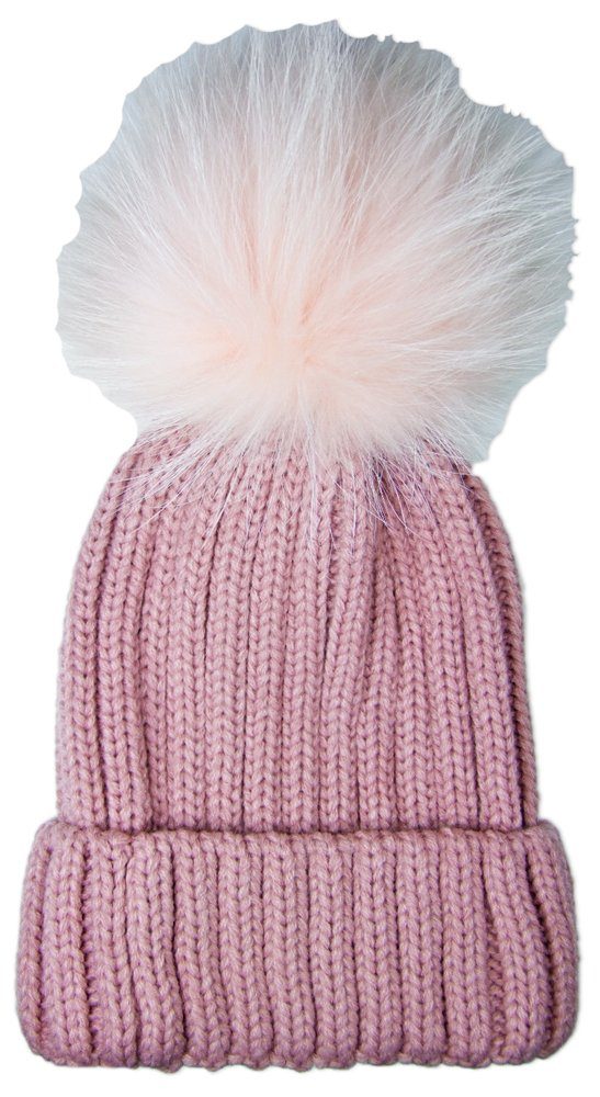 Trachtenland Strickmütze Damen Winter Mütze mit Fellbommel - Grobstrick Umschlag (1-St) Enthält nichttextile Teile tierischen Ursprungs