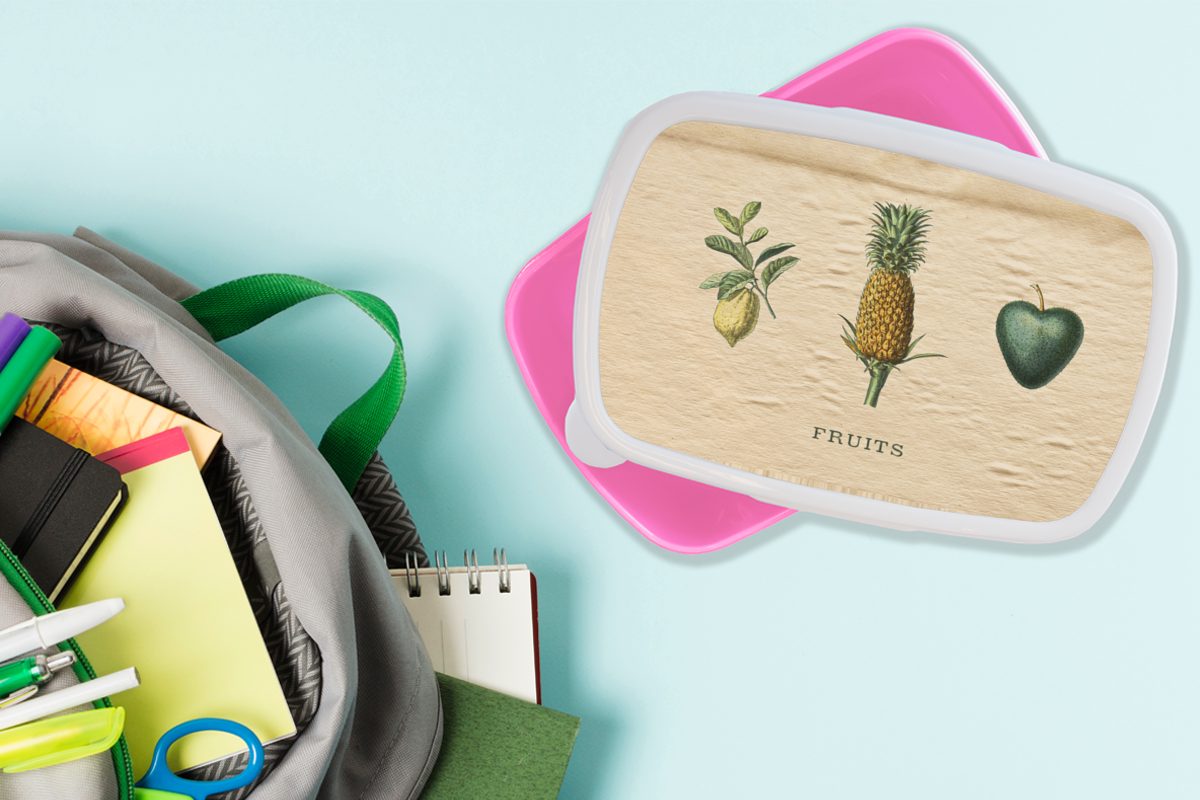 Ananas, Erwachsene, Kunststoff, - Lunchbox (2-tlg), Brotbox Kinder, MuchoWow für Mädchen, rosa Brotdose - Kunststoff Snackbox, Lebensmittel Obst