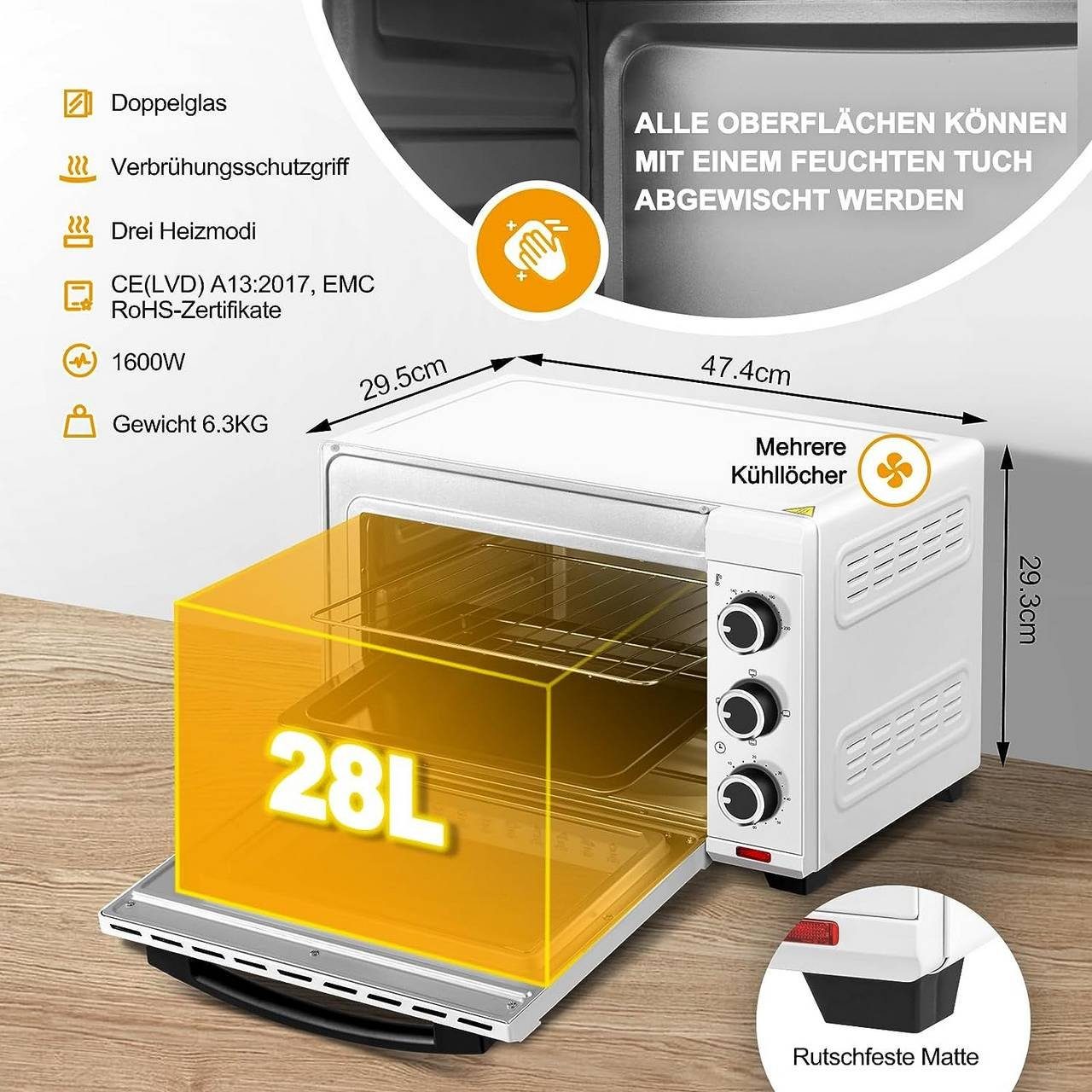 Woltu Minibackofen, Toastofen mit Timer, 28 Liter 1600W