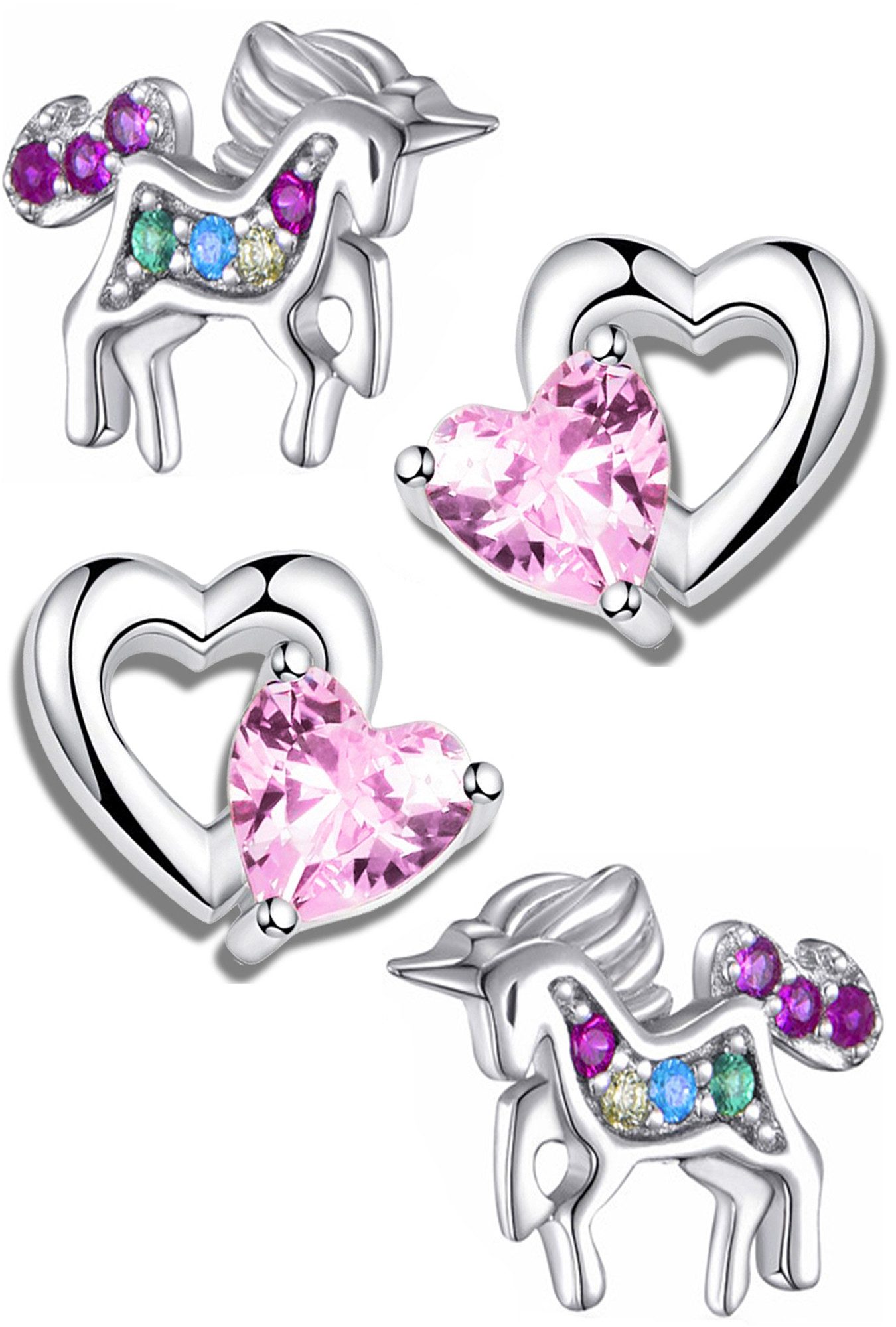 Limana Paar Ohrstecker Set Ohrringe für Kinder Mädchen 925 Silber rosa Herz Einhorn Pferde, kleine Kinderohrringe Kinderschmuck