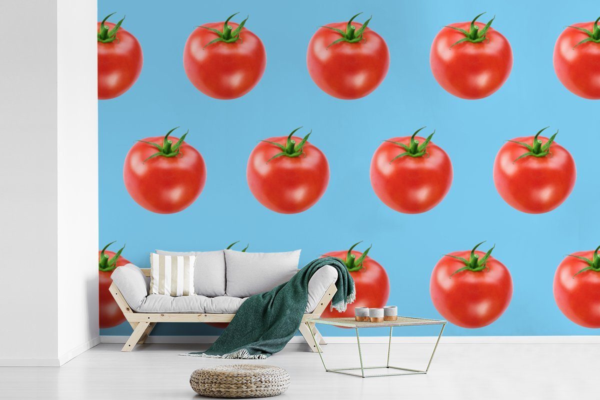 MuchoWow Fototapete Tomaten Wallpaper Schlafzimmer, Tapete Kinderzimmer, Matt, bedruckt, Vinyl Blau, - Gemüse St), - (6 für Wohnzimmer