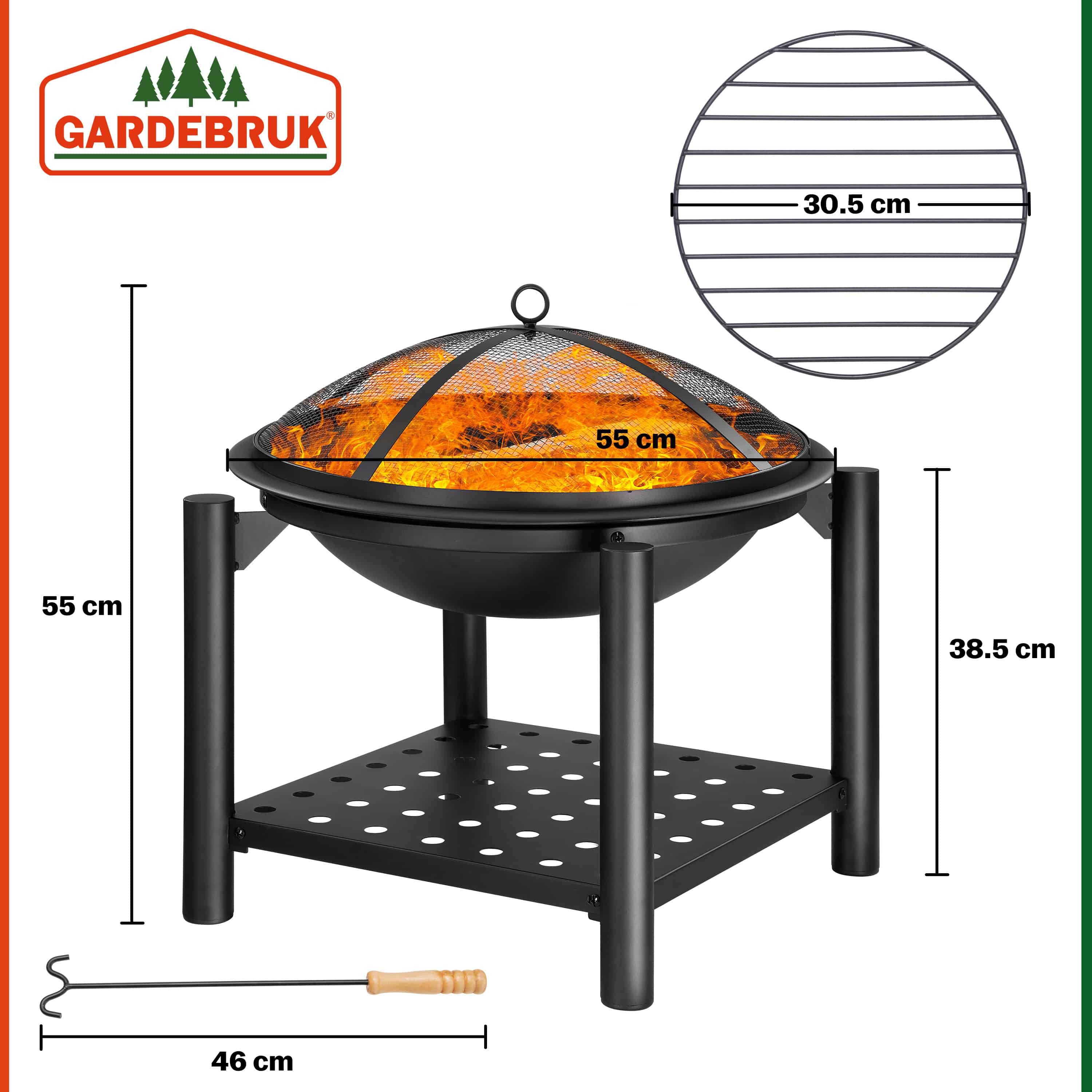 Gardebruk fire bowl, garden fire basket with spark screen and poker, Ø55cm round grill