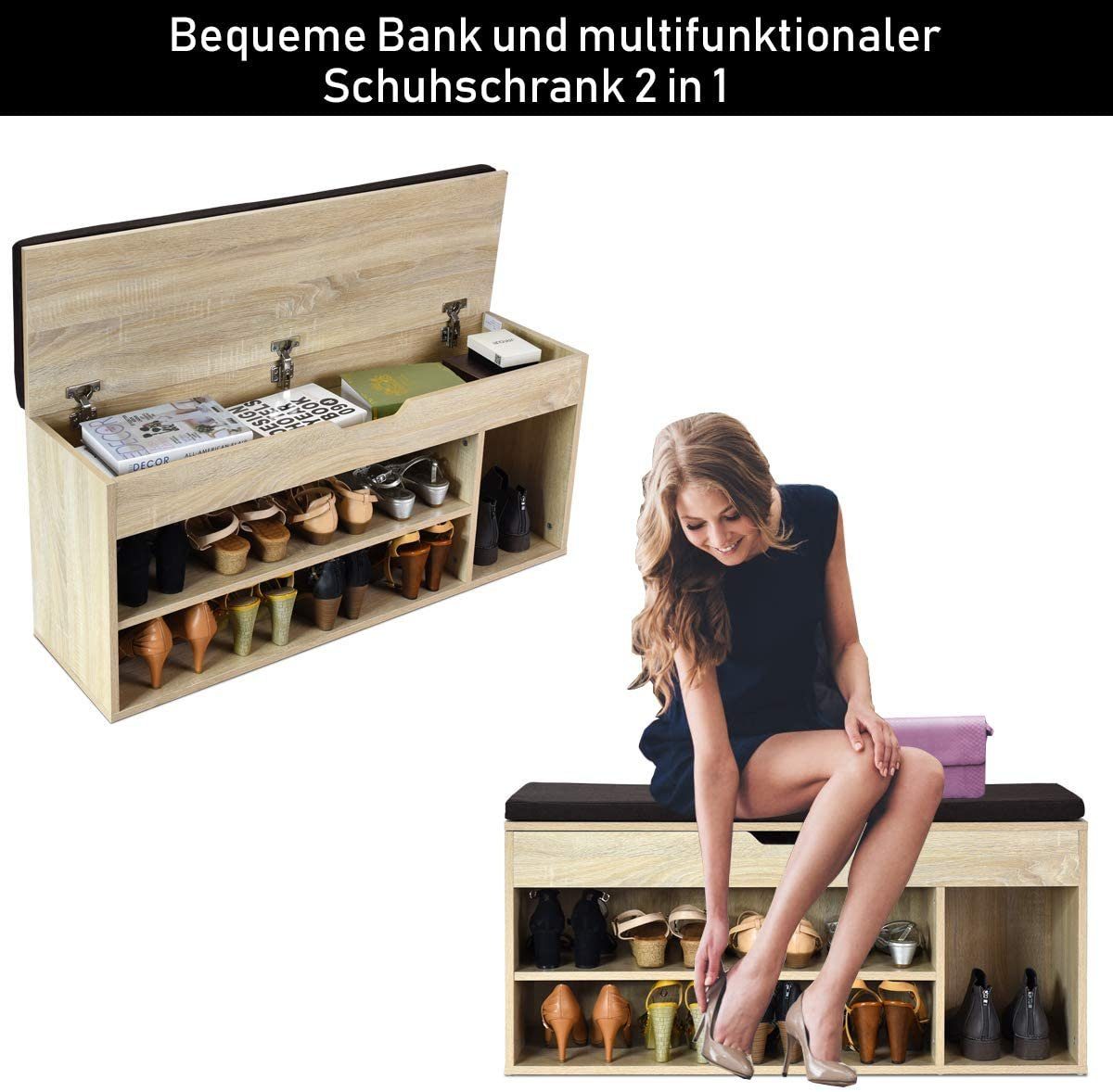 COSTWAY Schuhbank, 3 Fächer, mit 104 cm 30 Braun Klappdeckel, x 48 Sitzkissen, x