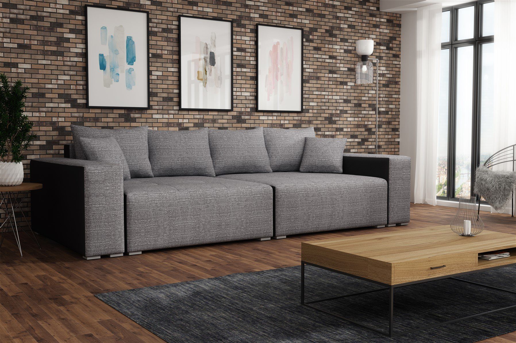 Fun Möbel Big-Sofa Big Sofa Couchgarnitur REGGIO Megasofa mit Schlaffunktion, 1 Teile, mit Schlaffunktion und Bettkästen, inkl. Rückenkissen und Zierkissen Schwarz-Grau