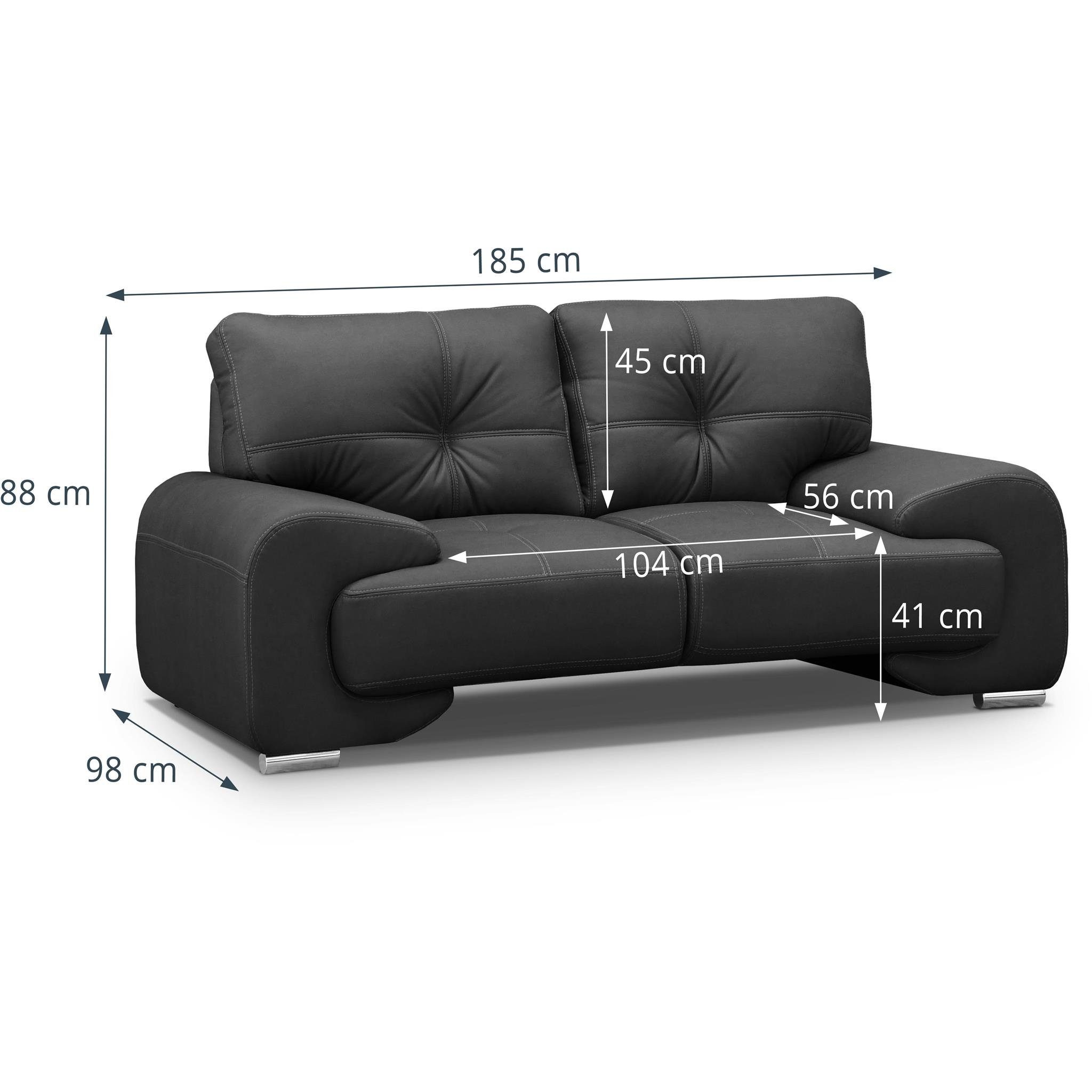 2-Sitzer Kunstleder, (vega im aus Nähten dekorativen Design Beautysofa mit Sofa 99) mit 2-Sitzer Maxime Wellenunterfederung, lux, modernes Schwarz