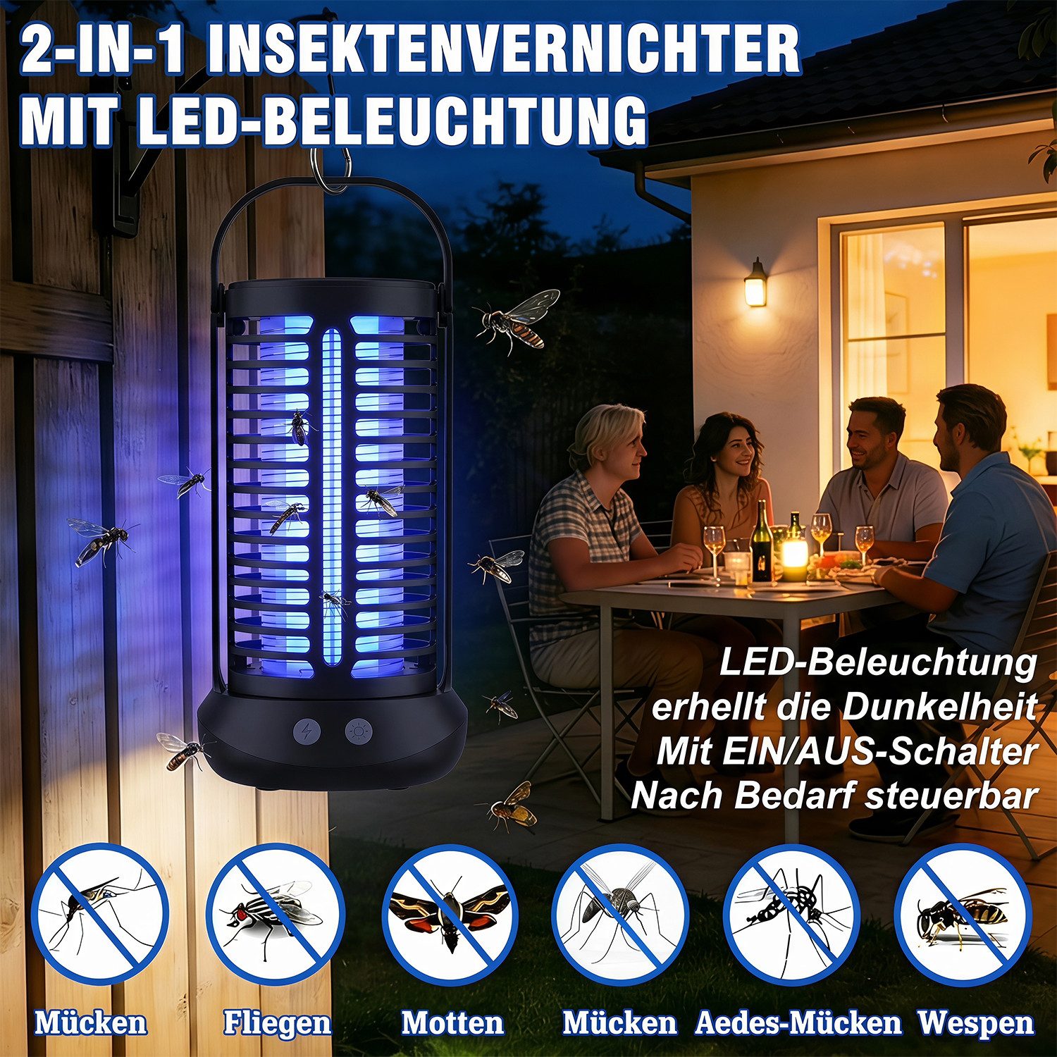oyajia Ultraschall-Tierabwehr Insektenvernichter Mückenlampe UV-Lampe Insektenfalle mit 4000mAh-Akku, Mückenlampe Elektrisch, 360° Schutz & Leicht zu Reinigen – Bild 4 von 5