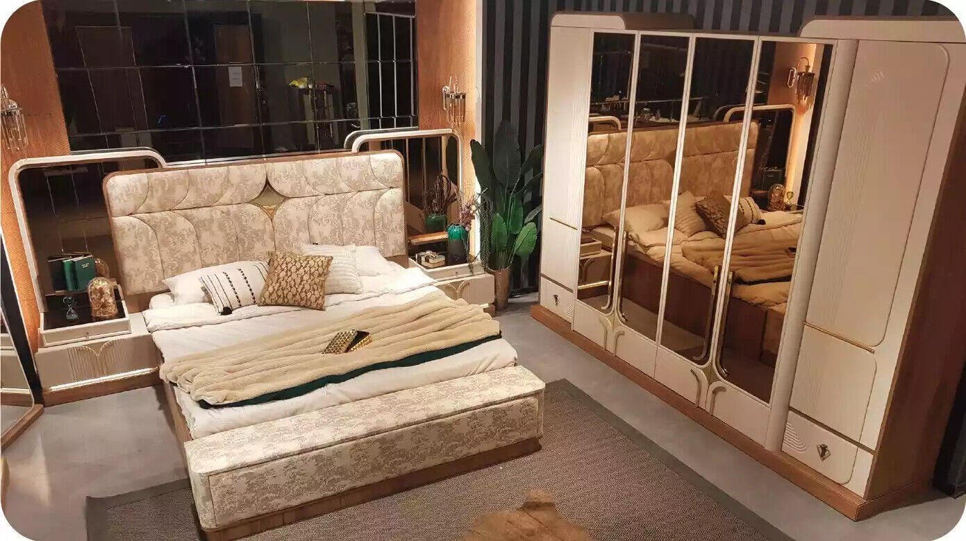 JVmoebel Schlafzimmer-Set Garnitur Luxus Schlafzimmer Doppelbett Bett Set 4tlg Beige Modern, (4-St., Bett/2x Nachttische/Kleiderschrank), Made in Europa
