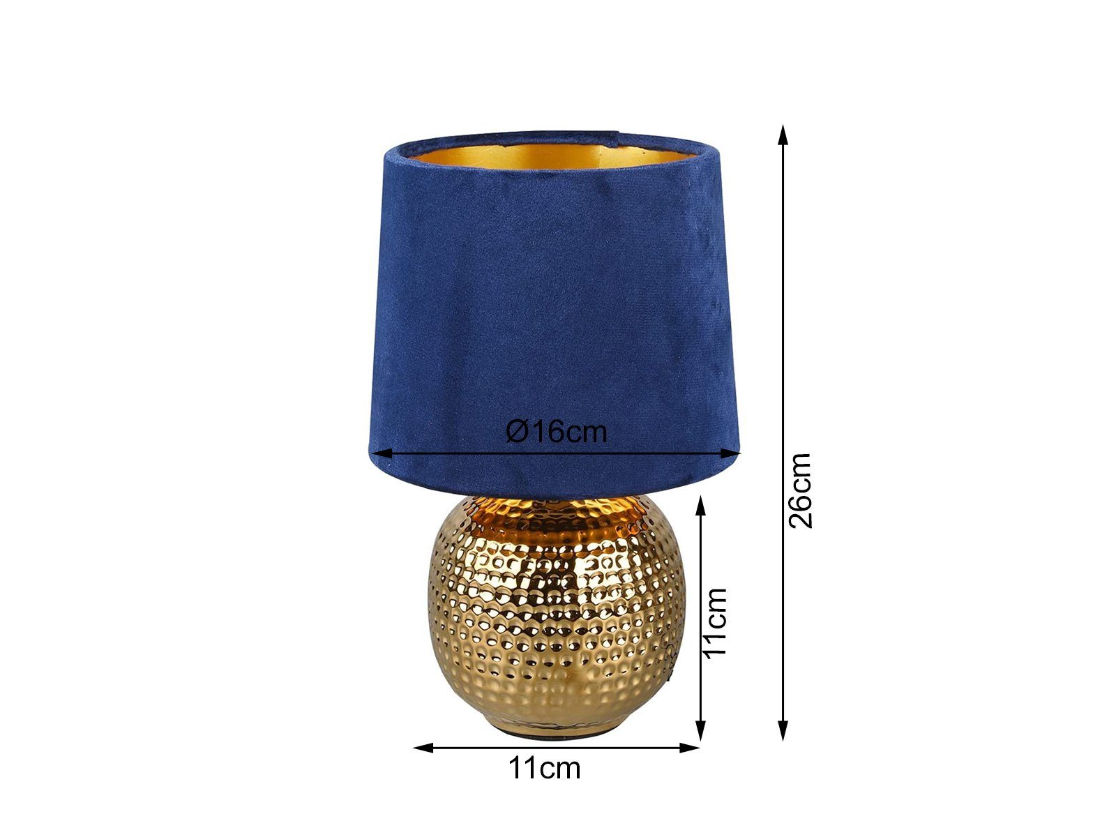 Blau-Gold kleine 26cm Lampenschirm Dimmfunktion, Gold-en, wechselbar, ausgefallen-e dimmbar meineWunschleuchte Blau Höhe Nachttischlampe, LED Samt LED Warmweiß,