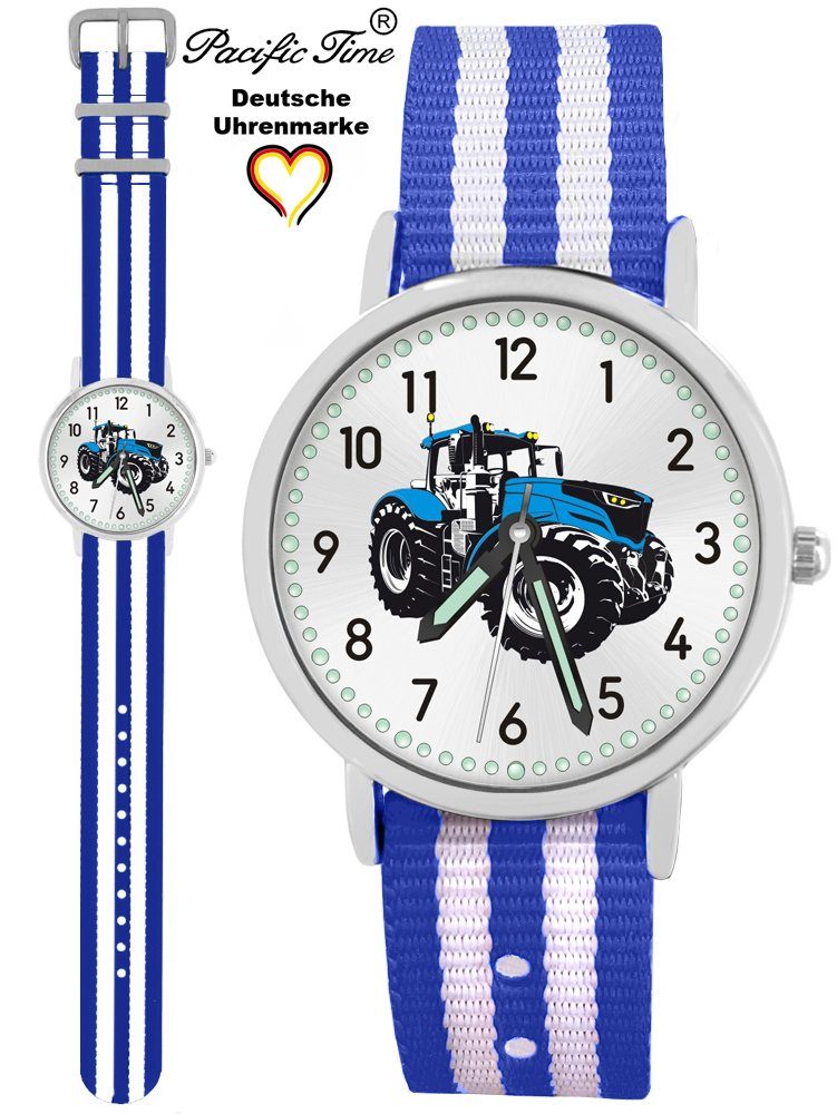 Pacific Time blau Quarzuhr und Gratis Traktor Match gestreift Kinder Armbanduhr blau weiß Versand Wechselarmband, Mix Design 