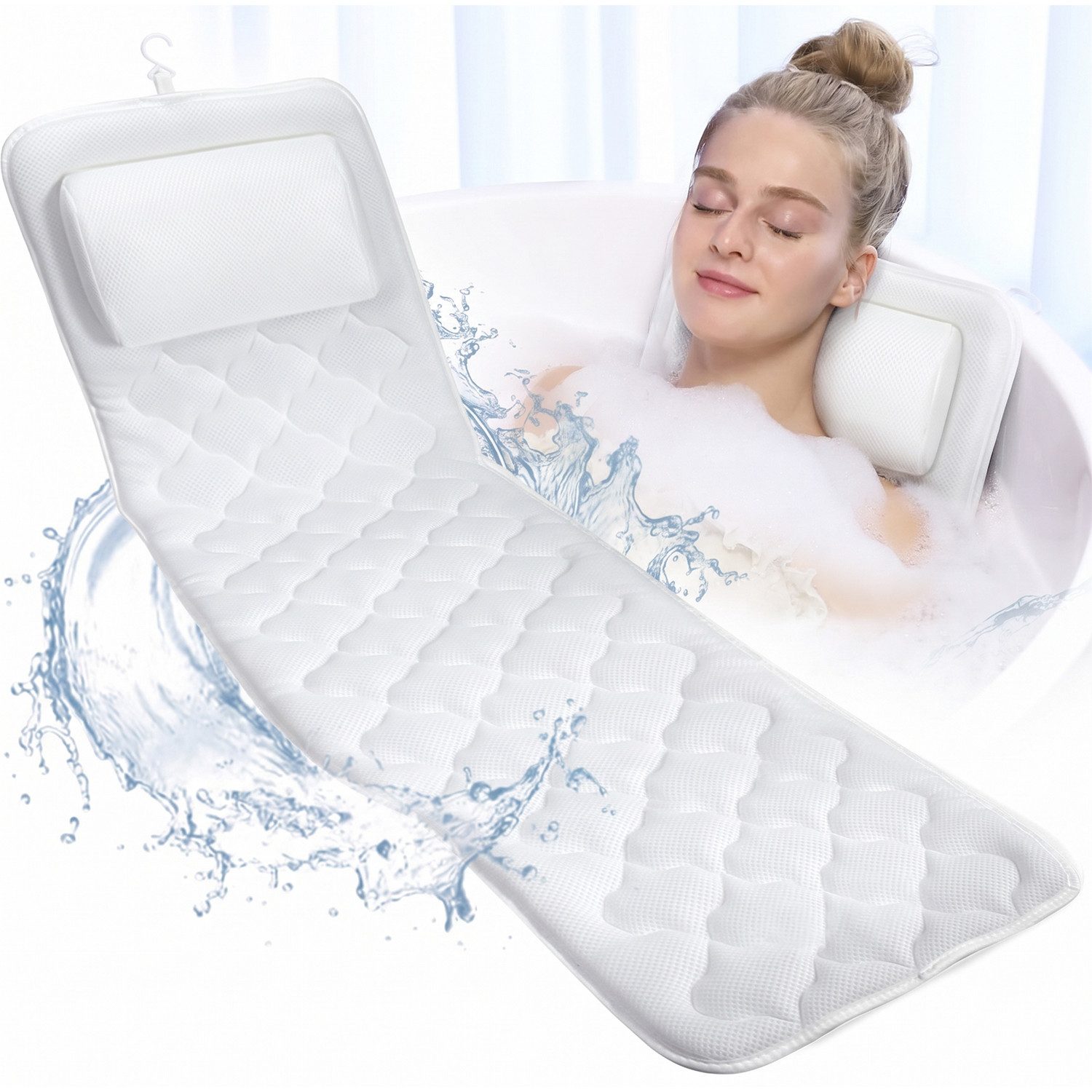 Refined Living Badewannenkissen 125x41cm Badewannenmatte mit Kopfstütze, 4D-Air-Mesh & 13 Saugnäpfen, Duschmatten Luxus Badewannenkissen mit Aufhängehaken, Spa Badekissen, 1-tlg., Ganzkörper Badewannenzubehör mit Nacken- und Rückenstütze, rutschfest, Schimmelresistent, Ergonomisches Kopfkissen Badewanne, Badaccessoires