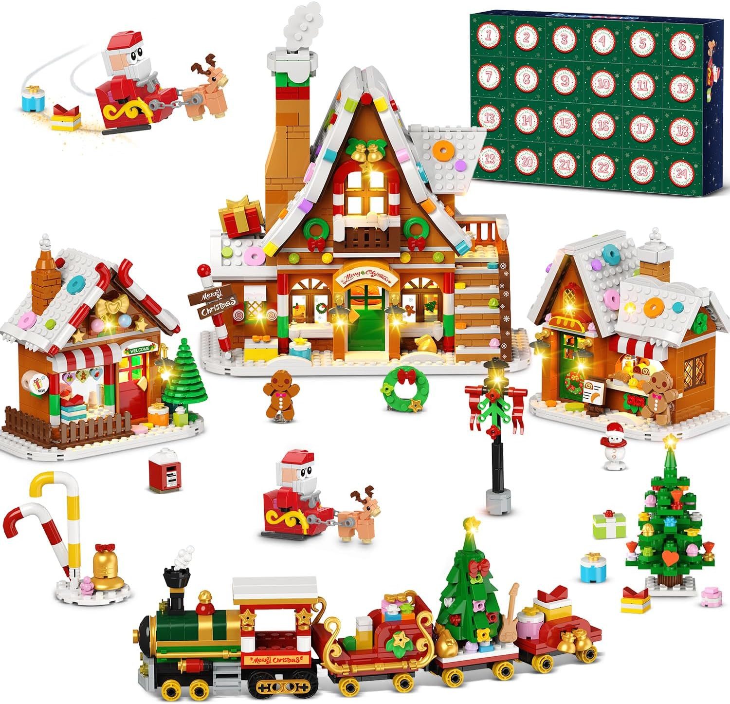 INSOON Schmuck-Adventskalender Adventskalender 2026 Lebkuchenhaus Mini-Klemmbaustein-Set mit Licht (Set, 1962-tlg), 24-Tage-Adventskalender Weihnachtsdorf-Bauset mit Weihnachtsbaum