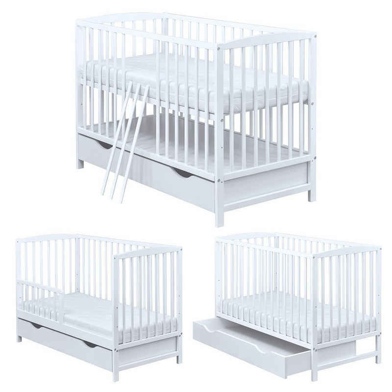 Baby-Delux Babybett Milo Bettkasten Schutzgitter, Kinderbett 60x120 cm weiß Schublade Barriere Kiefer Matratze