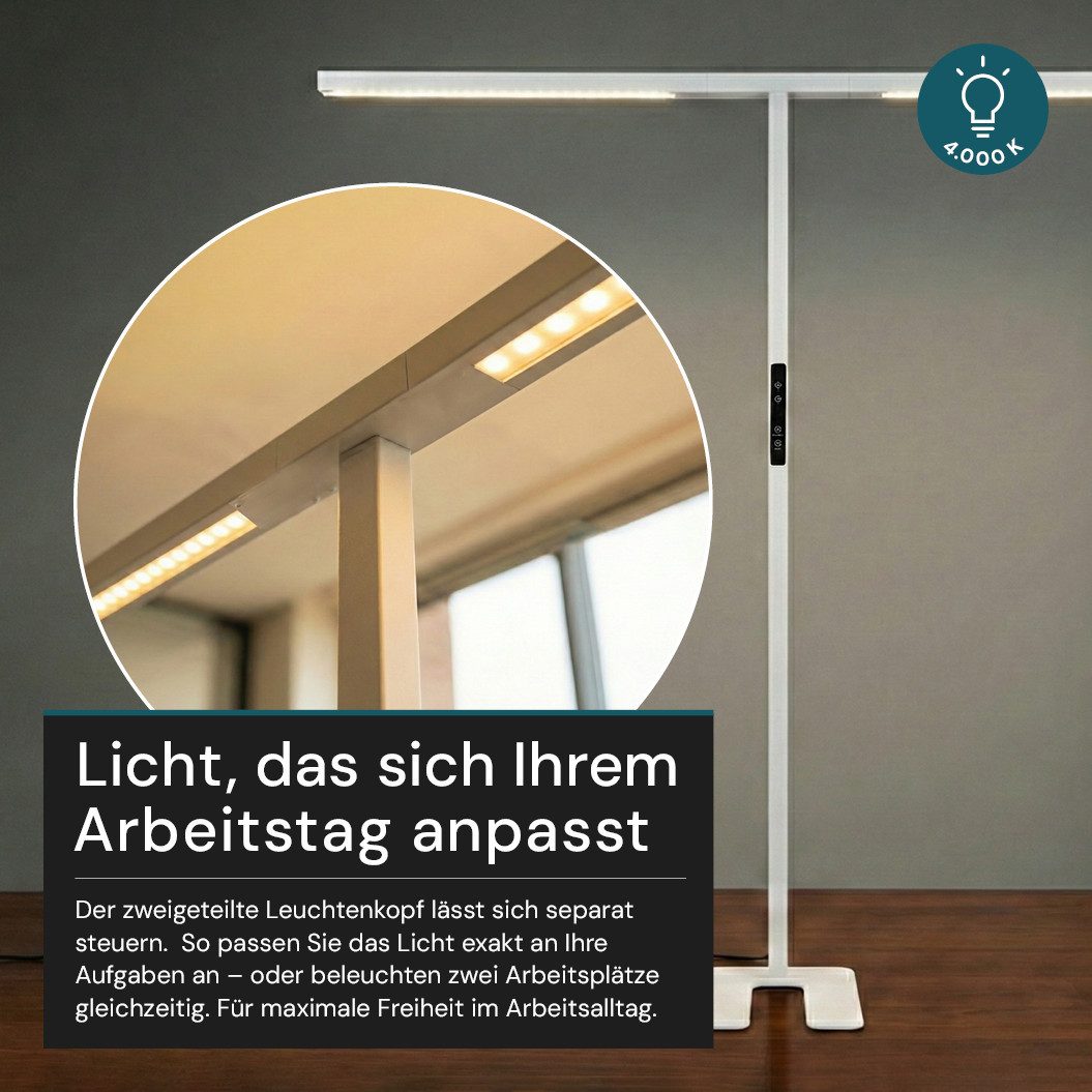 LUXULA LED Stehlampe Büroleuchte, LED fest integriert, Tageslichtweiß, doppelkopf, augenschonend, CRI98, UGR<16