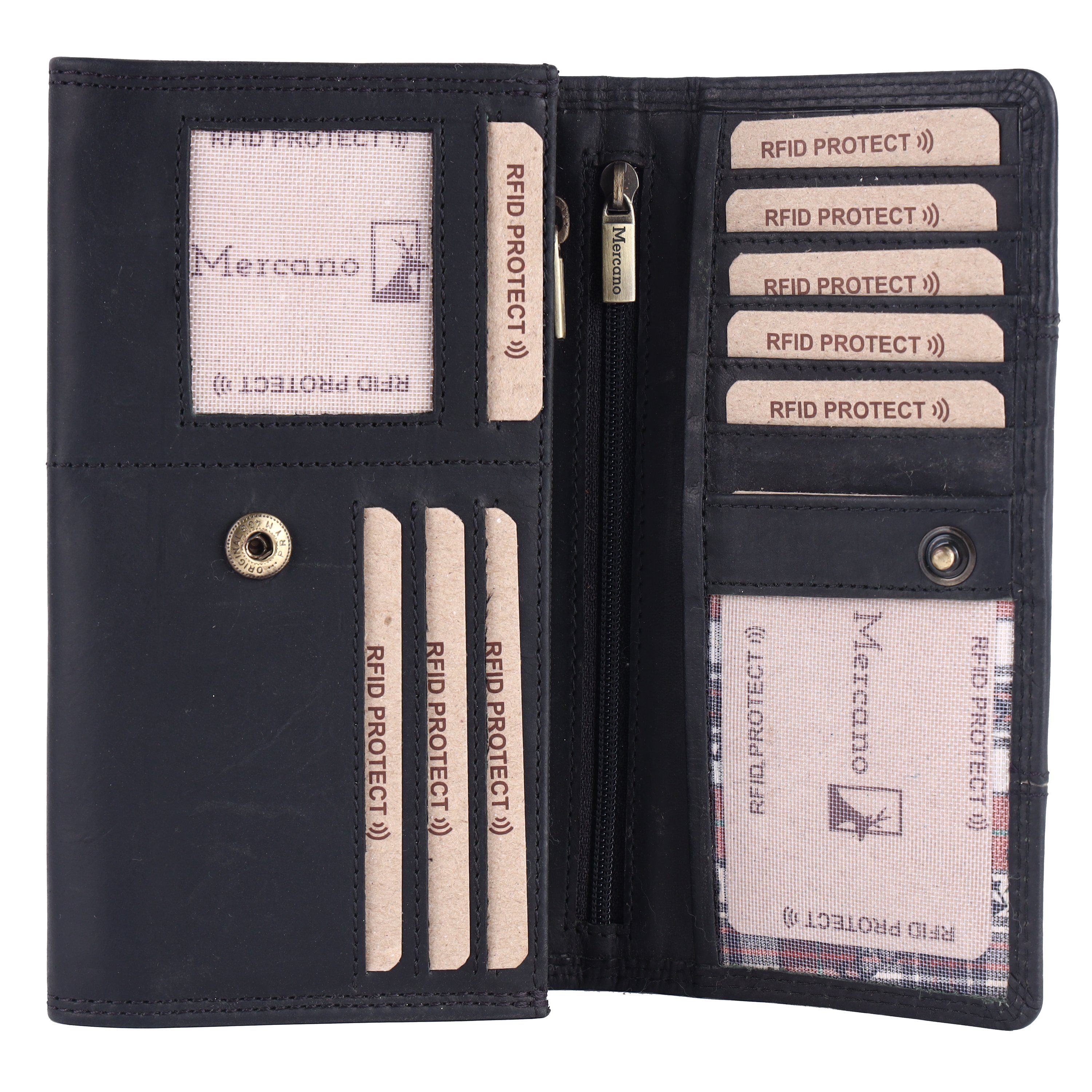 Geschenkbox mit aus inkl. & Doppelnaht, Mercano Geldbörse 100% Vintage Damen, Schwarz für RFID-Schutz Leder