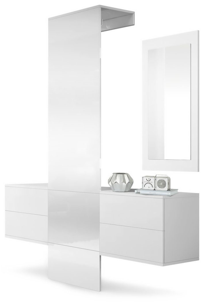 Vladon Garderoben-Set Carlton, (Wandgarderobe bestehend aus, 4-St., ​ 1  Paneel, 2 Schubkastenschränke und 1 Wandspiegel), Weiß matt/Eiche Ribbeck  (157 x 193 x 35 cm)