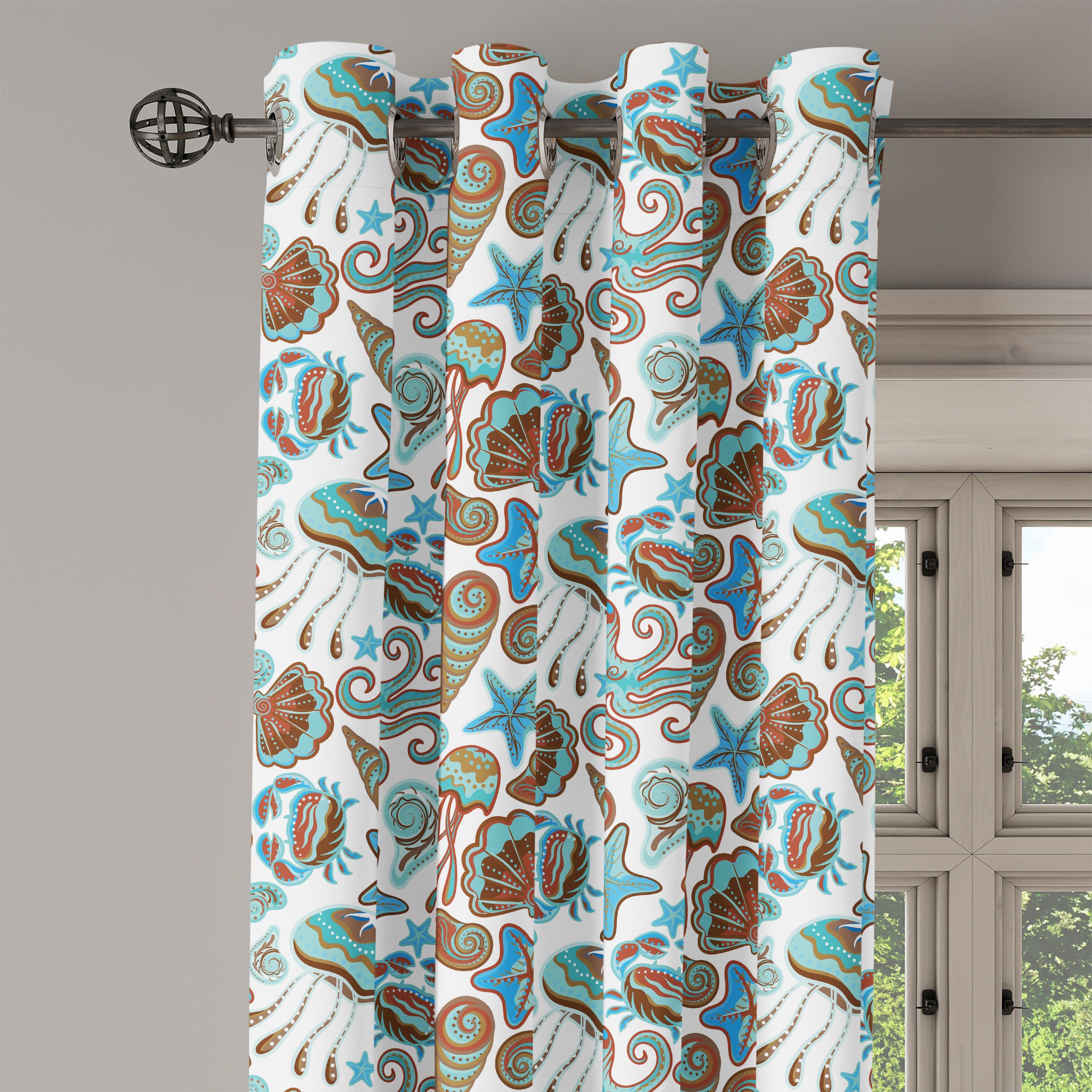 Gardine Abakuhaus, Schlafzimmer für Octopus Dekorative 2-Panel-Fenstervorhänge Meduse Sea Shells Wohnzimmer, Krabben