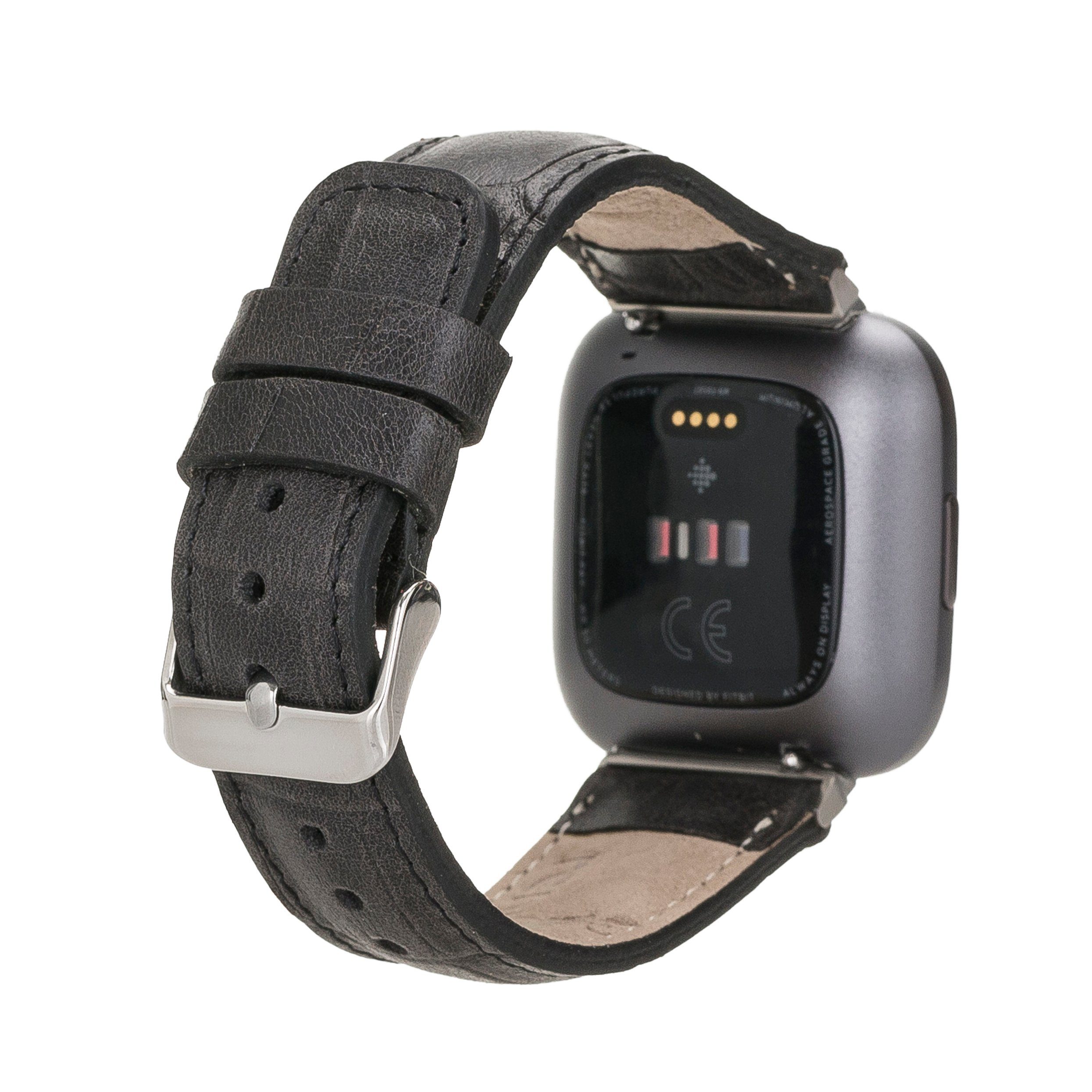 Renna Leather Smartwatch-Armband Fitbit Versa 4 / 3 / Sense & 2 Armband Echtes Leder Ersatzarmband Croco Schwarz