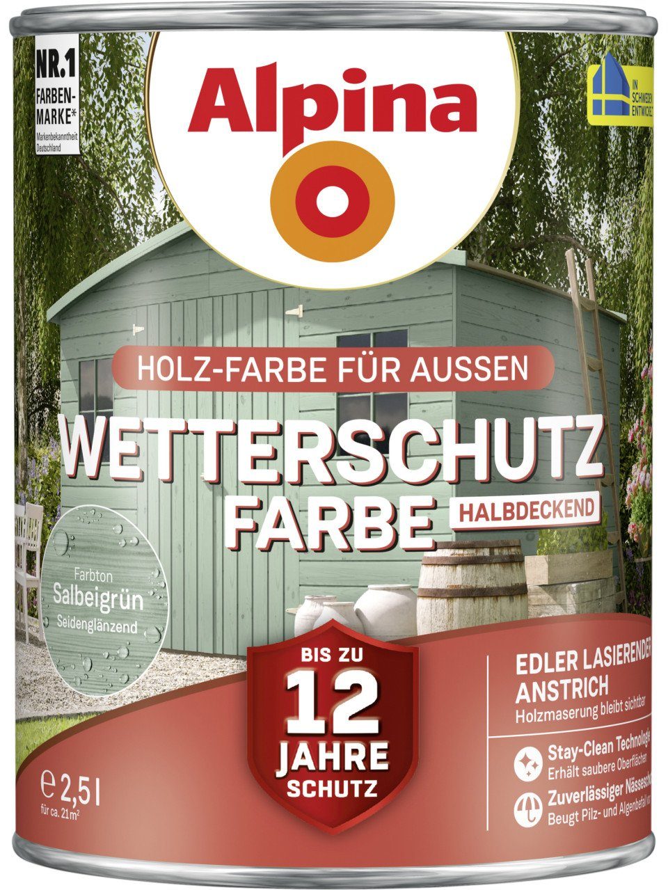 Holzschutzlasur Alpina Wetterschutzfarbe 2,5 L salbeigrün