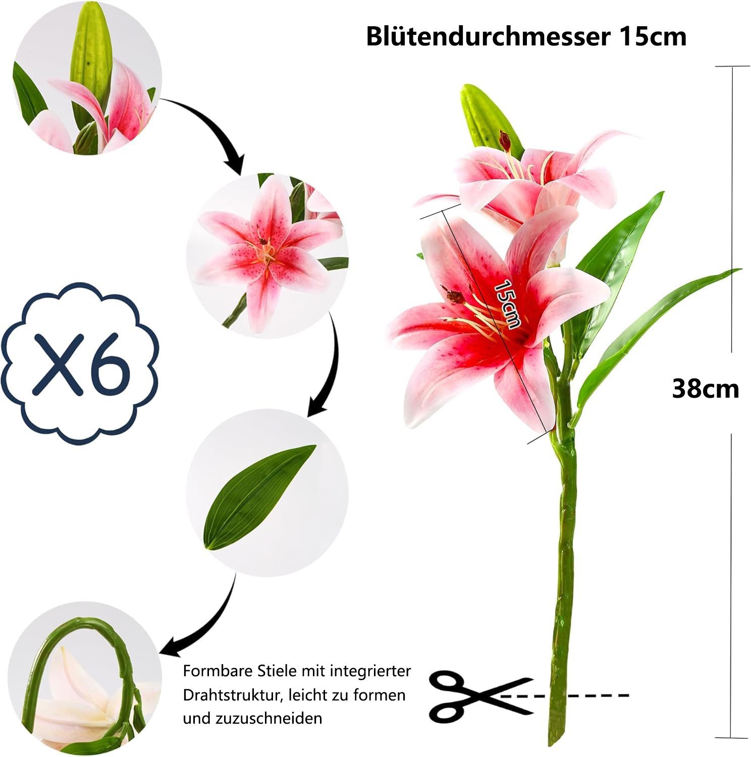 Kunstblume 6 Bündel Kunstblumen Lilien künstliche Lilienblume, FOUORTUNATE-BEE, Blumenstrauß für Hochzeit, Home & Büro Deko, Tischdekoration – Bild 5 von 5