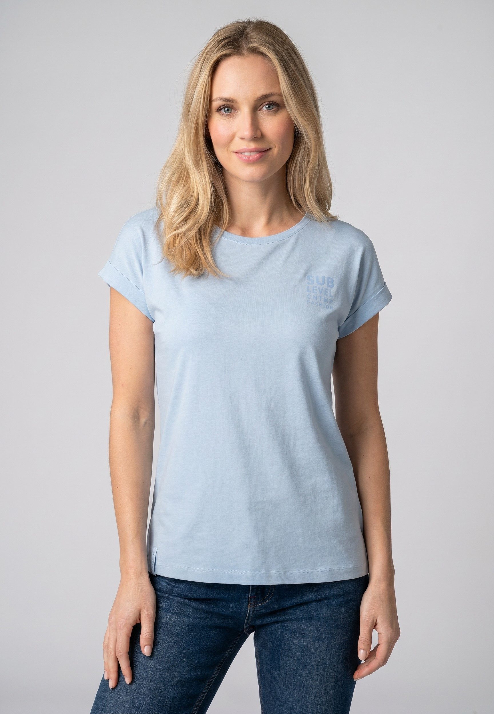 SUBLEVEL T-Shirt Damen Basic T-Shirt Logoprint Modal-Baumwolle T-Shirt mit Ärmelaufschlag