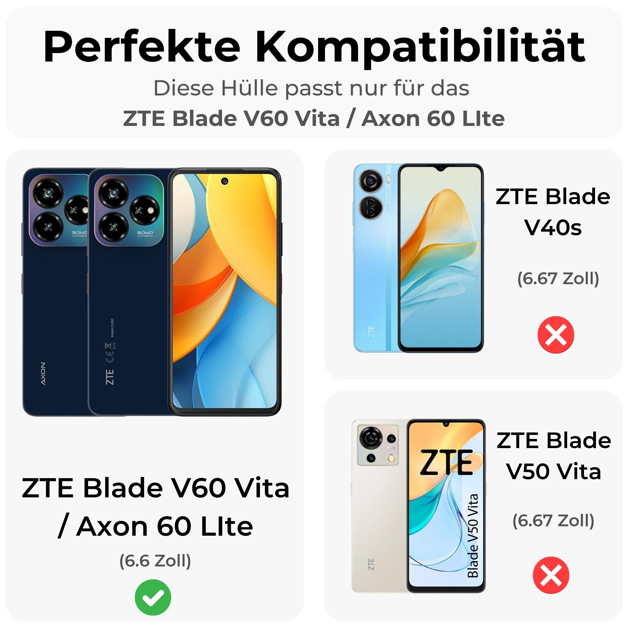 betterfon Handyhülle für ZTE Blade V60 Vita Handy Schutz Klapp, Bookstyle-Hülle: Magnetverschluss 3 Kartenfächer & Standfunktion