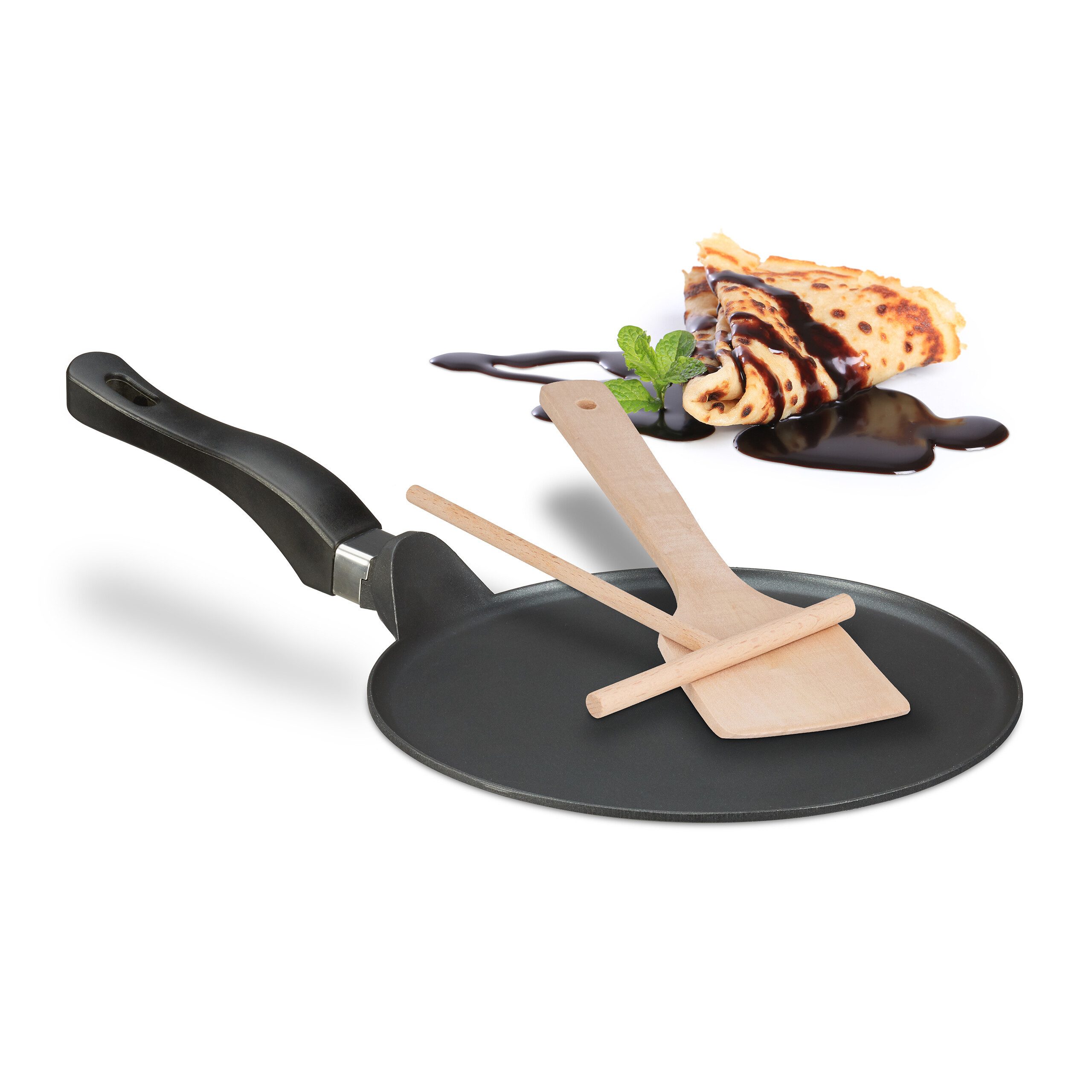 relaxdays Crêpepfanne mit Zubehör, Aluminiumguss (3-tlg)